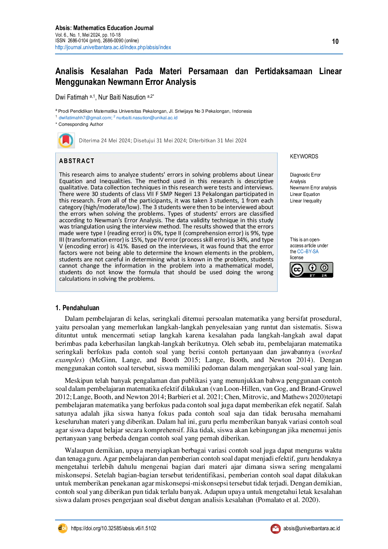 JURIS Analisis Kesalahan Pada Materi Persamaan dan Pertidaksamaan Linear Menggunakan Newmann Error Analysis