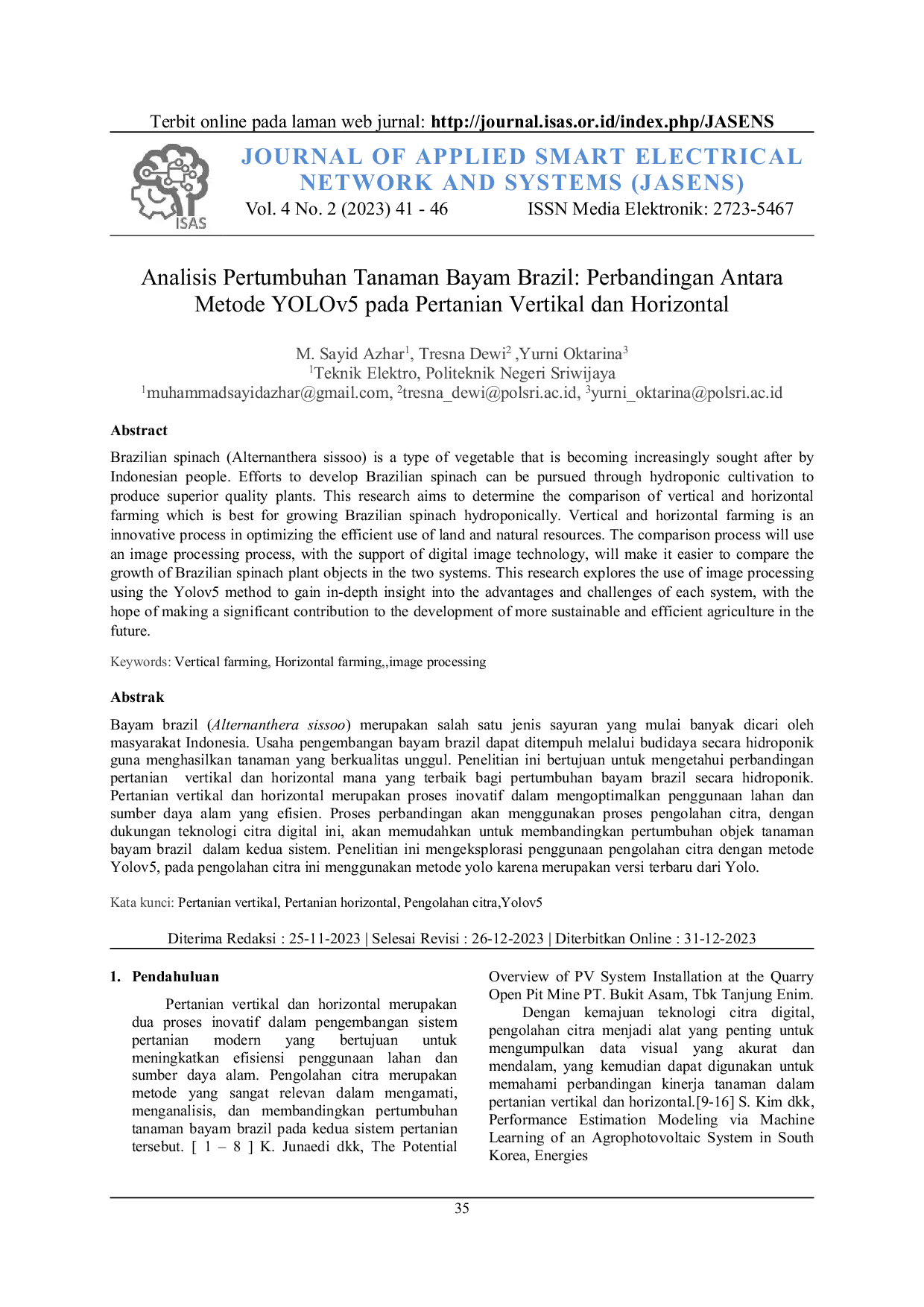 JURIS Analisis Pertumbuhan Tanaman Bayam Brazil Perbandingan Antara Metode YOLOv5 pada Pertanian Vertikal dan Horizontal
