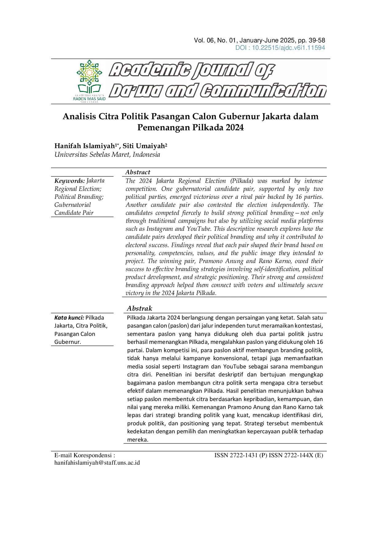 JURIS Analisis Citra Politik Pasangan Calon Gubernur Jakarta dalam Pemenangan Pilkada 2024