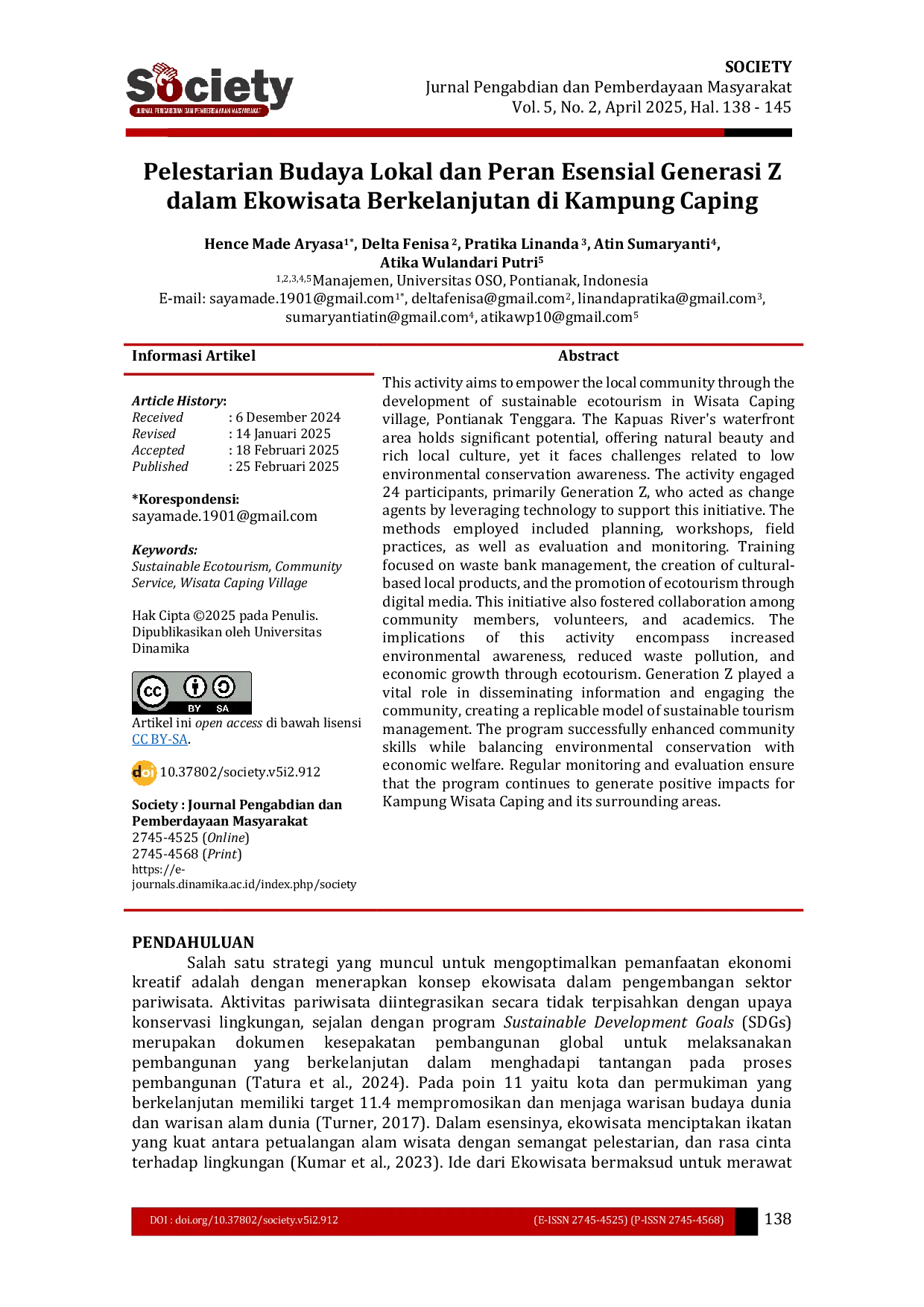 JURIS Pelestarian Budaya Lokal dan Peran Esensial Generasi Z dalam Ekowisata Berkelanjutan di Kampung Caping