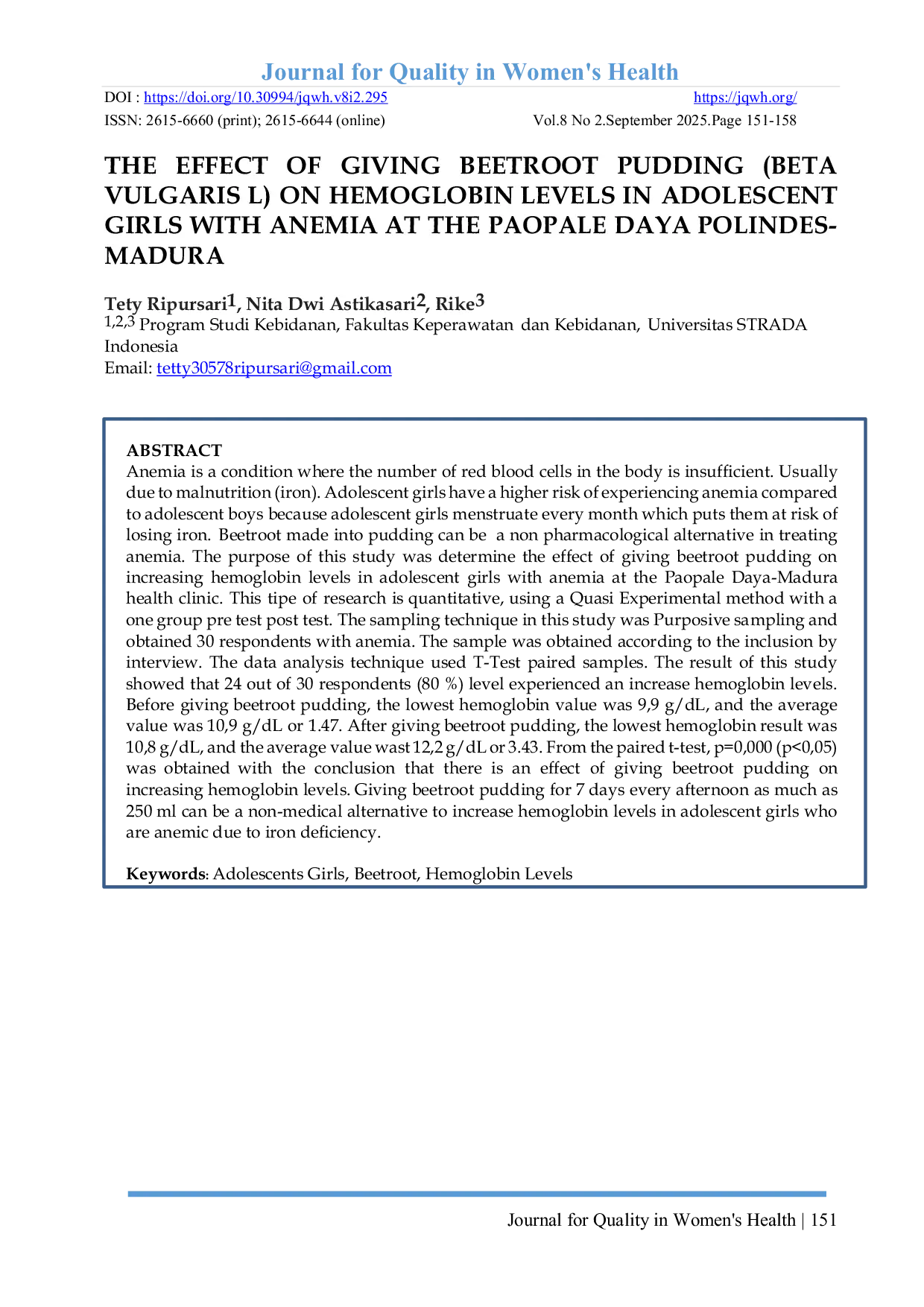JURIS The Effect Of Giving Beetroot Pudding Beta Vulgaris L On Hemoglobin Levels In Adolescent Girls With Anemia At The Paopale Daya Polindes Madura