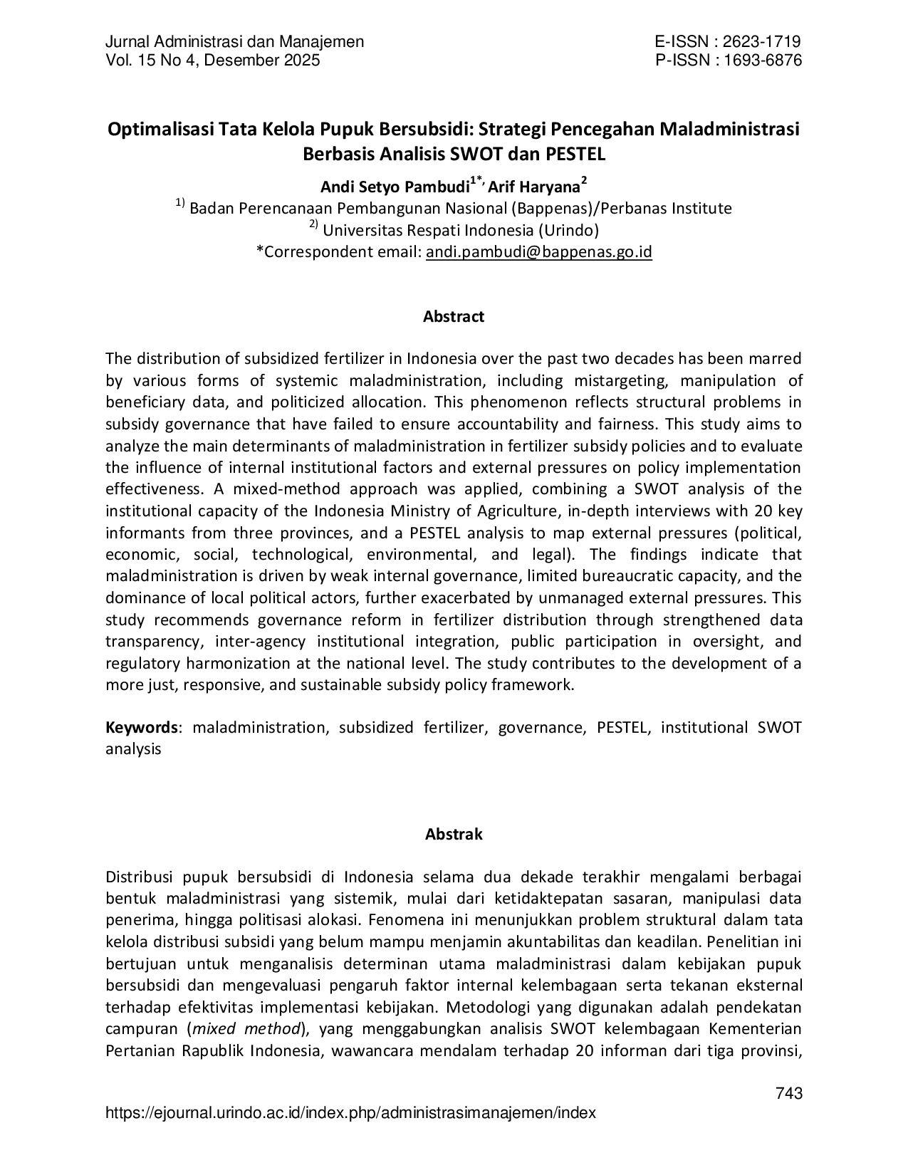 JURIS Optimalisasi Tata Kelola Pupuk Bersubsidi Strategi Pencegahan Maladministrasi Berbasis Analisis SWOT dan PESTEL