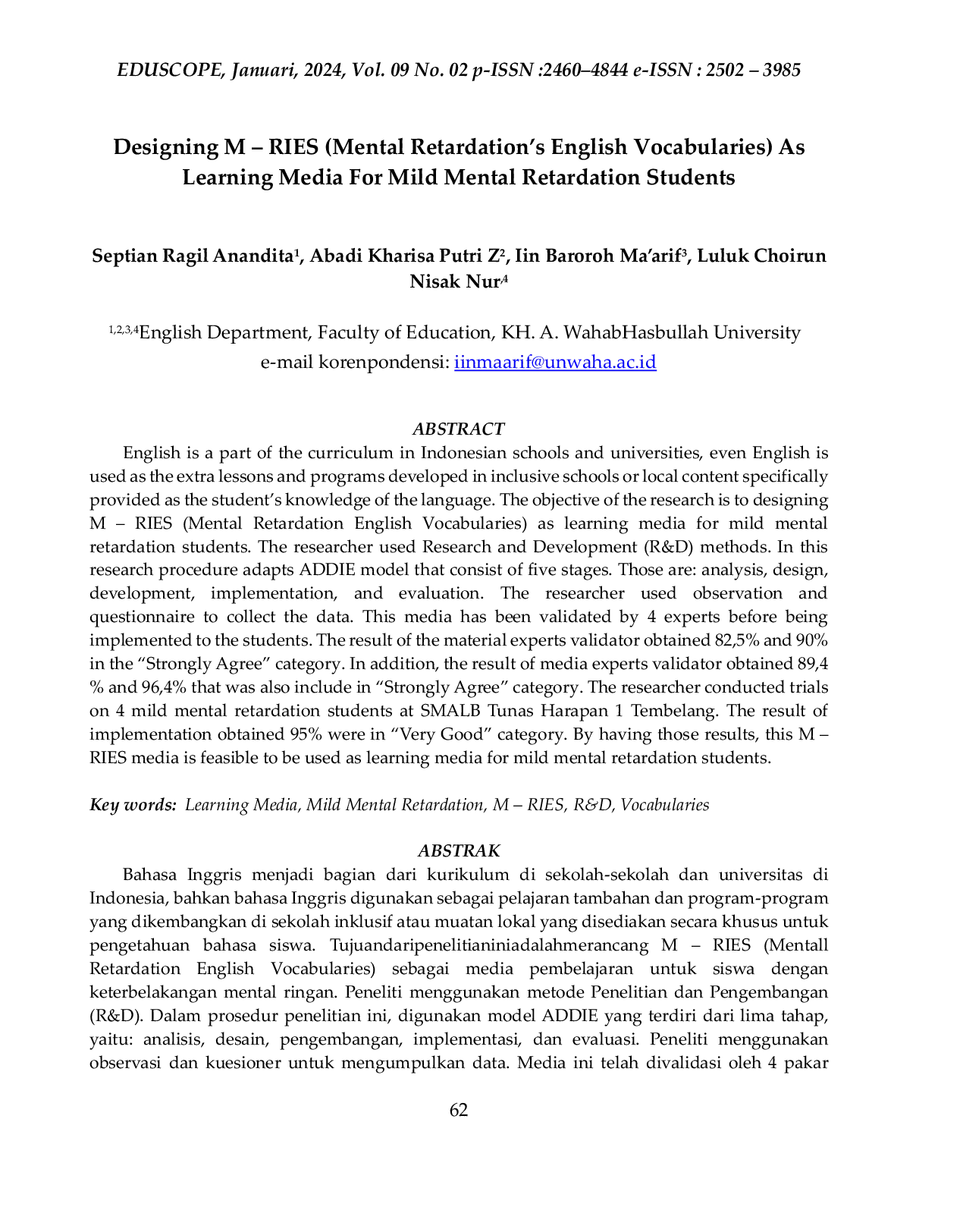 JURIS Designing M RIES Mental Retardation s English Vocabularies As Learning Media For Mild Mental Retardation Students