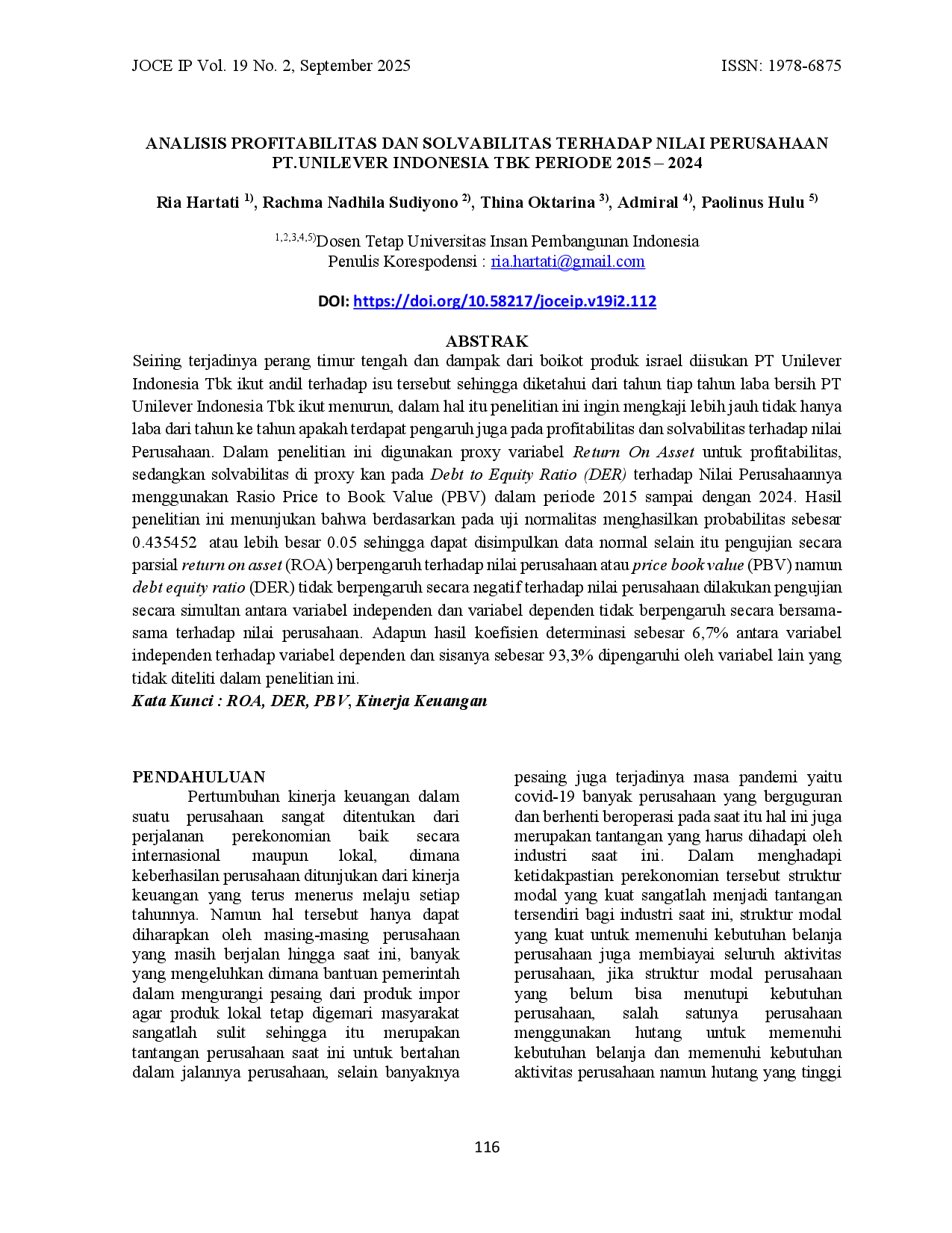 JURIS Analisis Profitabilitas Dan Solvabilitas Terhadap Nilai Perusahaan Pt Unilever Indonesia Tbk Periode 2015 2024
