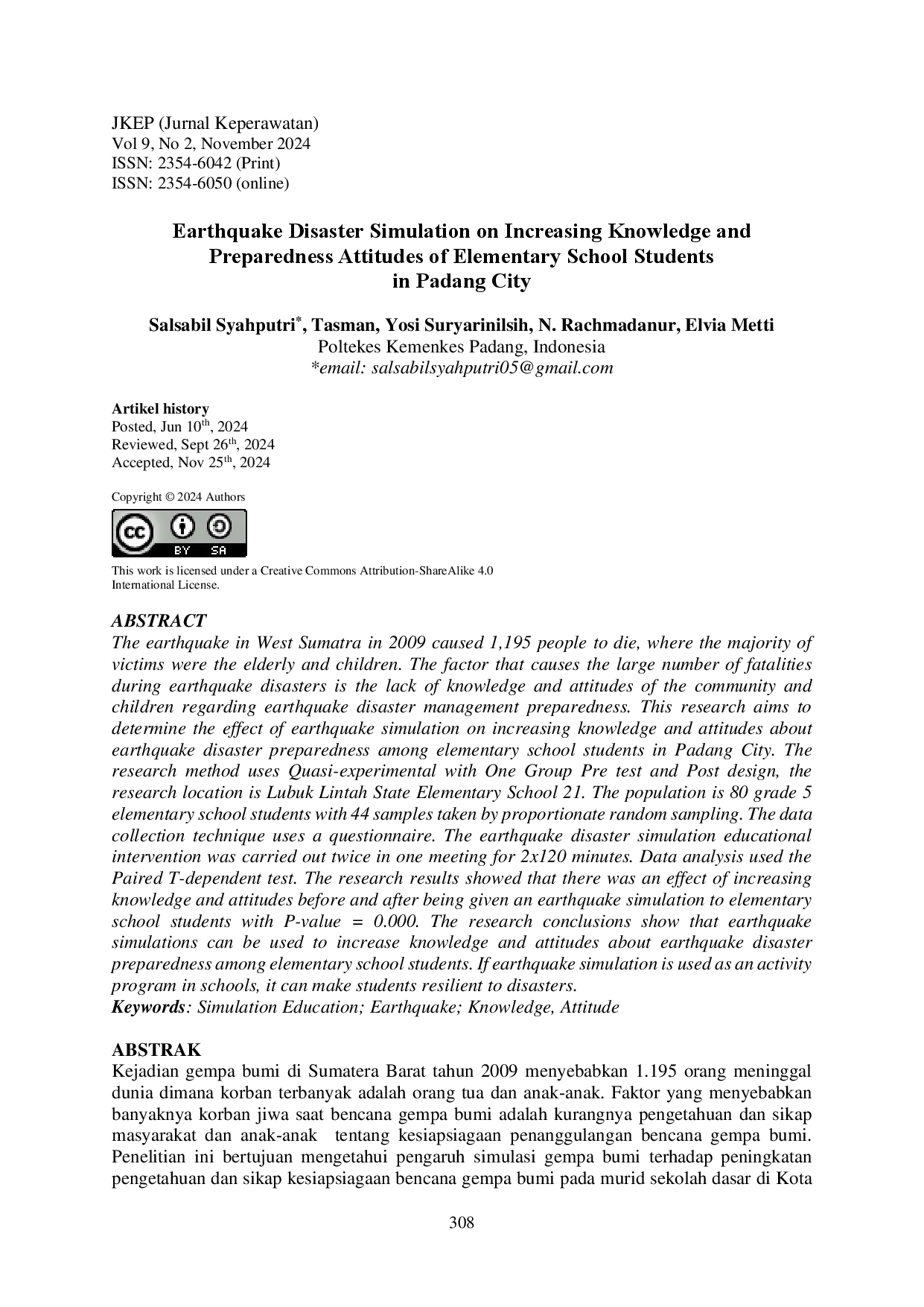 juris Earthquake Disaster Simulation on Increasing Knowledge and Preparedness Attitudes of Elementary School Students in Padang City