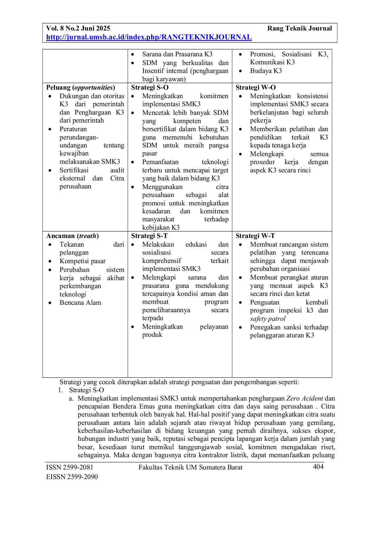 JURIS Analisis Strategi SMK3 Berkelanjutan Dengan Pendekatan SWOT Pada Kontraktor Listrik Di Padang