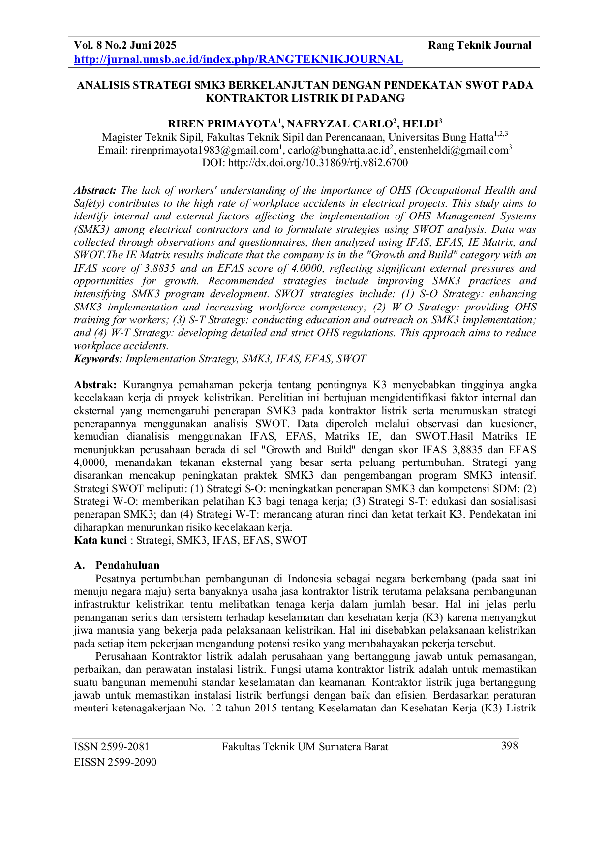 JURIS Analisis Strategi SMK3 Berkelanjutan Dengan Pendekatan SWOT Pada Kontraktor Listrik Di Padang
