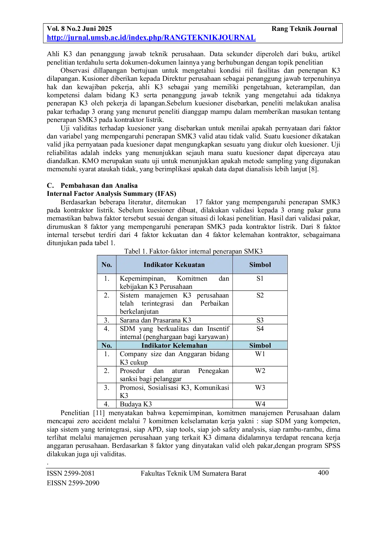 JURIS Analisis Strategi SMK3 Berkelanjutan Dengan Pendekatan SWOT Pada Kontraktor Listrik Di Padang