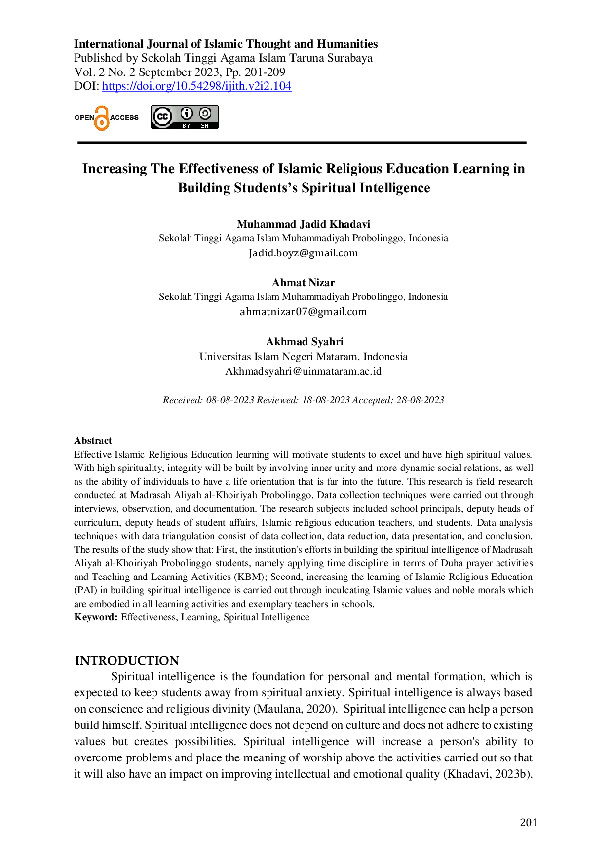JURIS Increasing The Effectiveness of Islamic Religious Education Learning in Building Students s Spiritual Intelligence