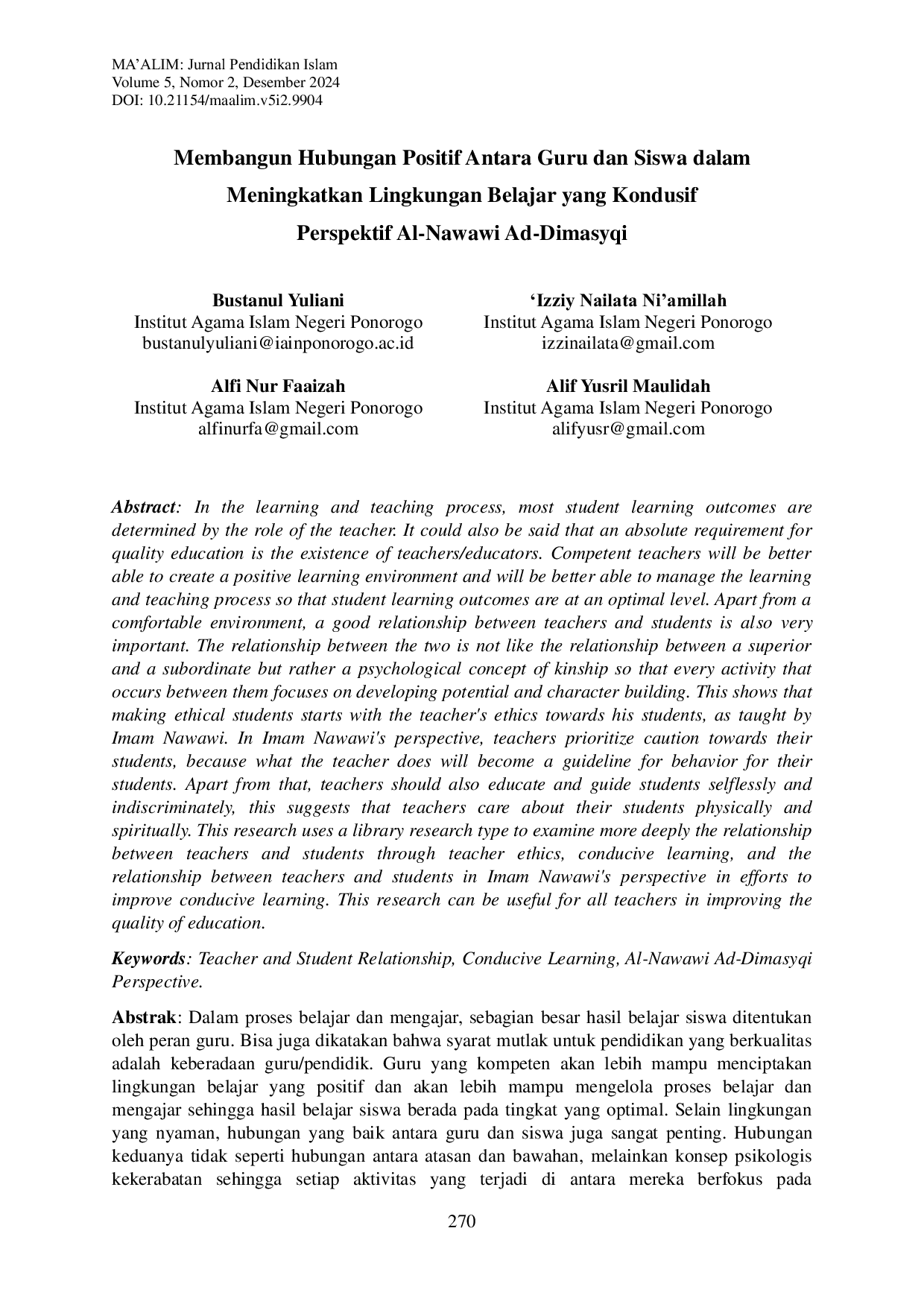 JURIS Building Positive Relationships Between Teachers and Students in Improving a Conducive Learning Environment Al Nawawi Ad Dimasyqi Perspective