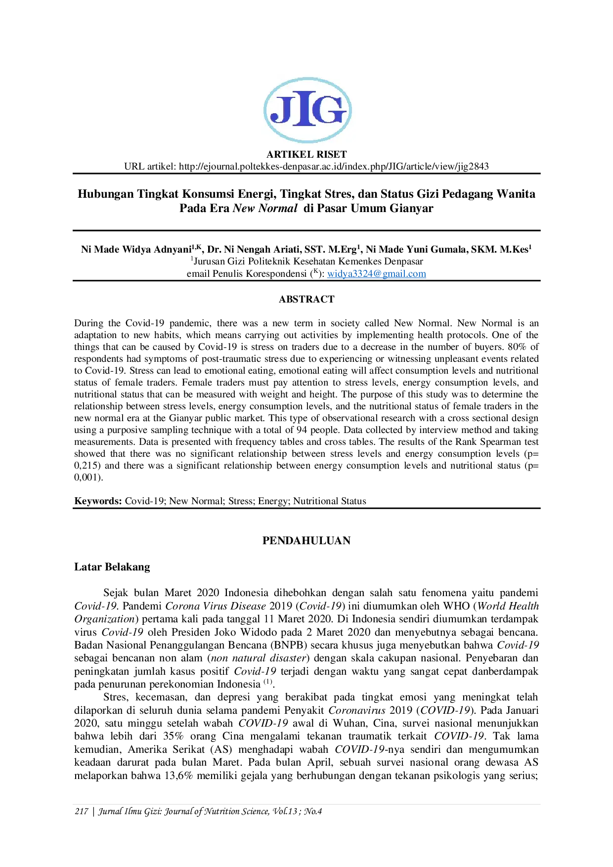 JURIS Hubungan Tingkat Stres Tingkat Konsumsi Energi dan Status Gizi Pedagang Wanita Pada Era New Normal di Pasar Umum Gianyar