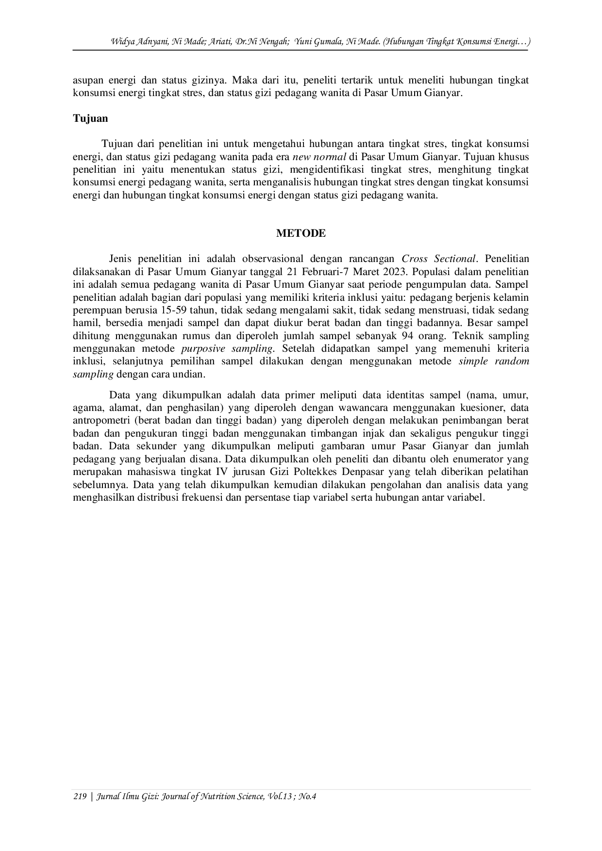 JURIS Hubungan Tingkat Stres Tingkat Konsumsi Energi dan Status Gizi Pedagang Wanita Pada Era New Normal di Pasar Umum Gianyar