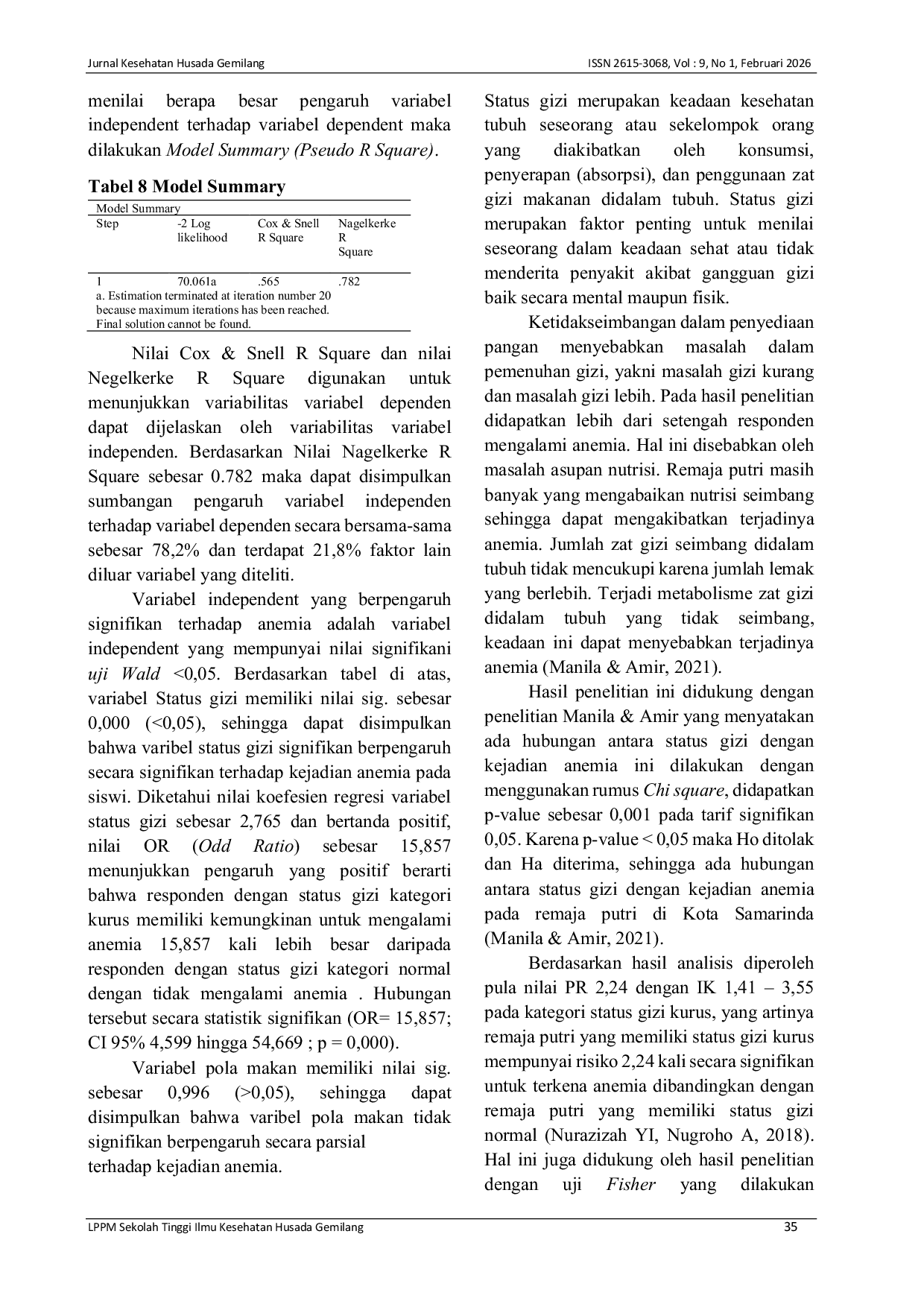 JURIS Hubungan Status Gizi Dan Pola Makan Dengan Status Gizi Siswi Di Sman 1 Semparuk Tahun 2024