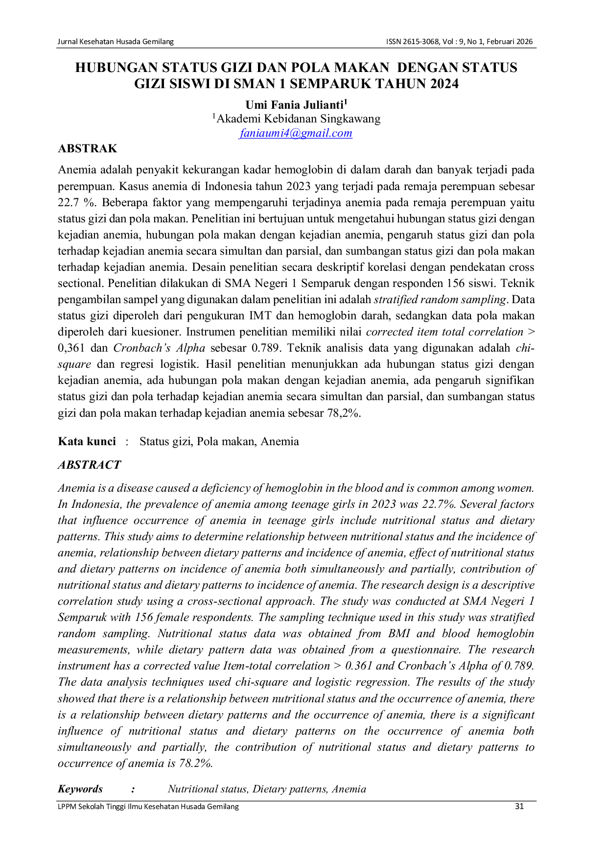 JURIS Hubungan Status Gizi Dan Pola Makan Dengan Status Gizi Siswi Di Sman 1 Semparuk Tahun 2024
