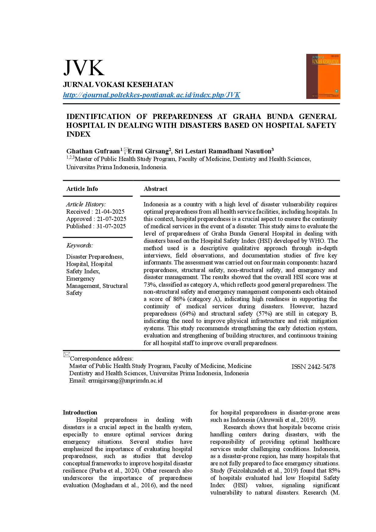 juris Identifikasi Kesiapsiagaan Di Rumah Sakit Umum Graha Bunda Dalam Menghadapi Bencana Berdasarkan Indeks Keselamatan Rumah Sakit