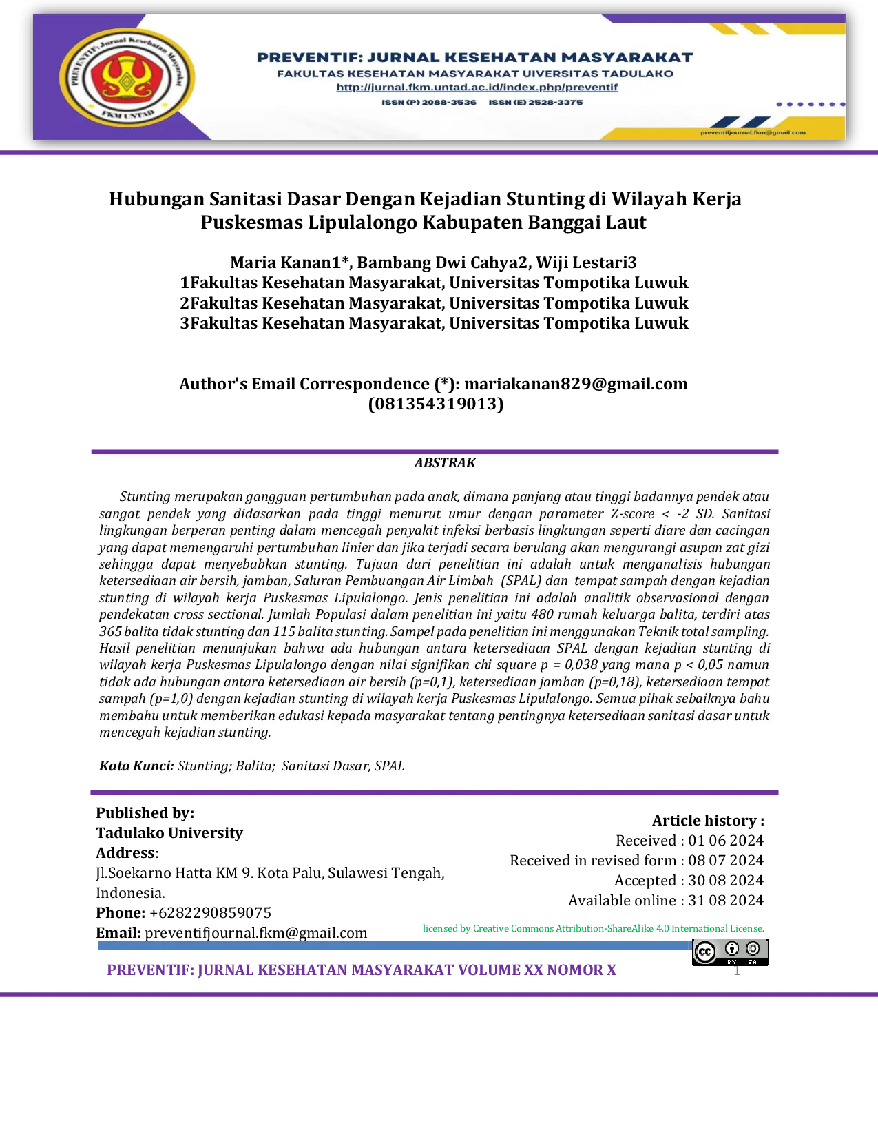 JURIS Hubungan Sanitasi Dasar Dengan Kejadian Stunting di Wilayah Kerja Puskesmas Lipulalongo Kabupaten Banggai Laut