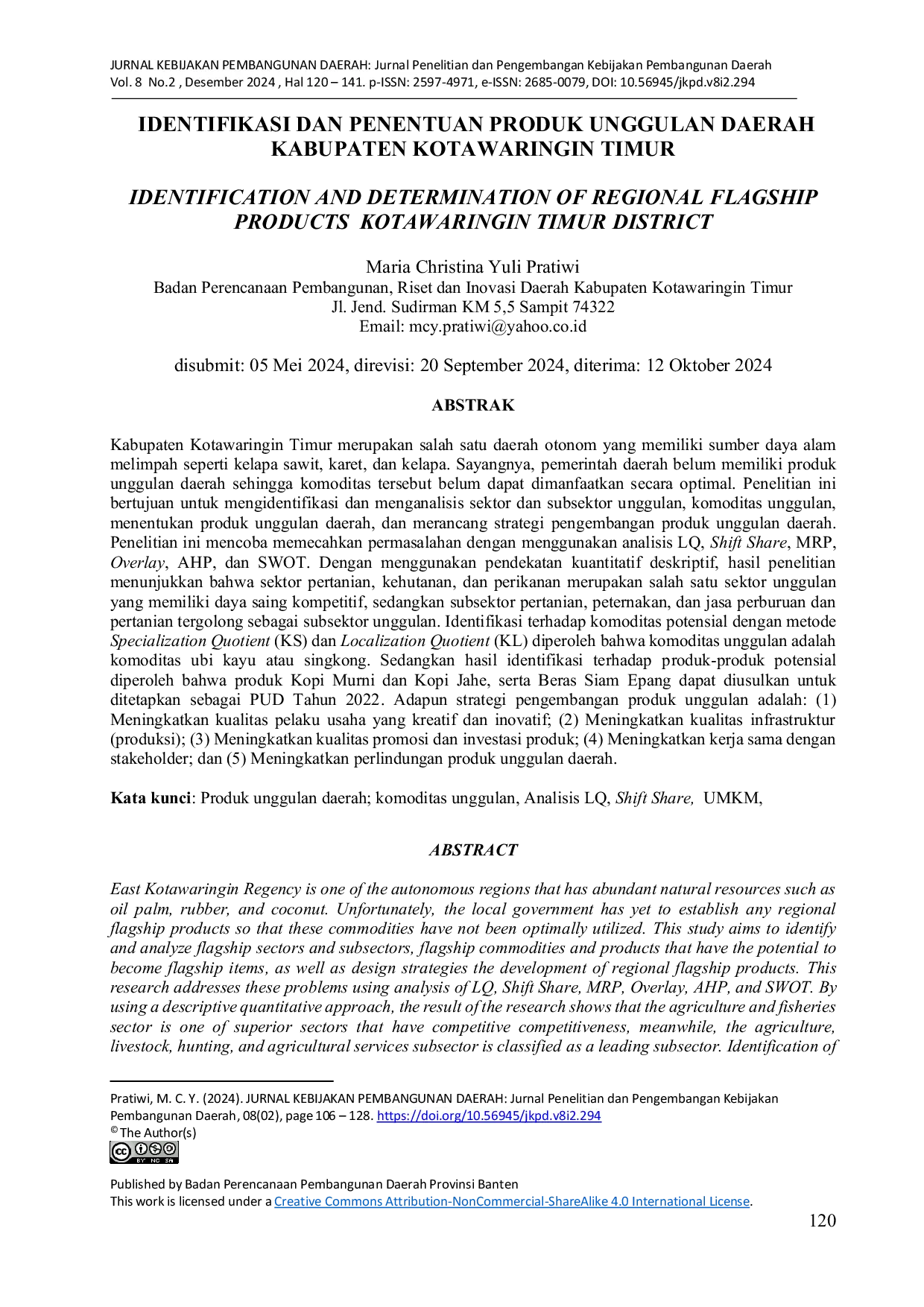 JURIS Identifikasi dan Penentuan Produk Unggulan Daerah Kabupaten Kotawaringin Timur