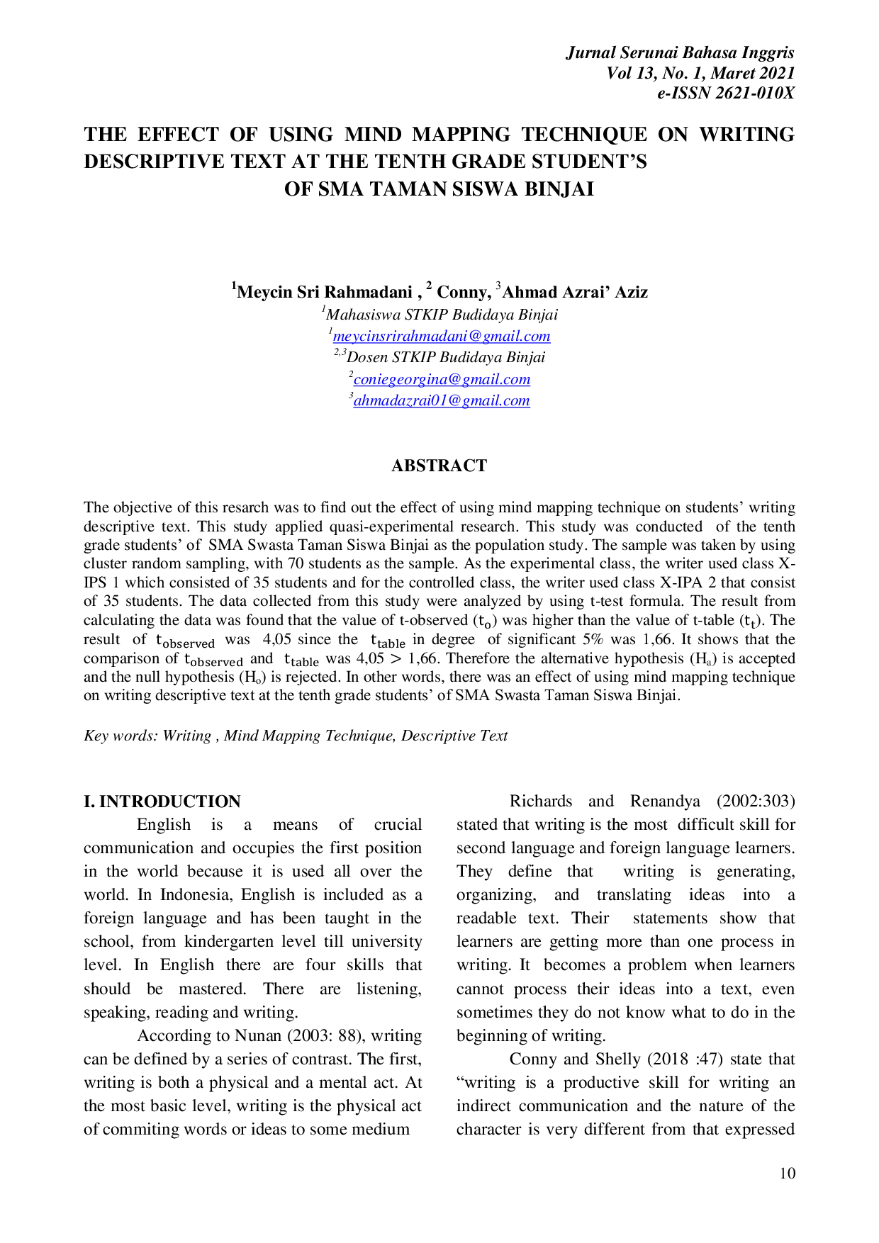 JURIS The Effect of Using Mind Mapping Technique on Writing Descriptive Text at the Tenth Grade Student s of SMA Taman Siswa Binjai