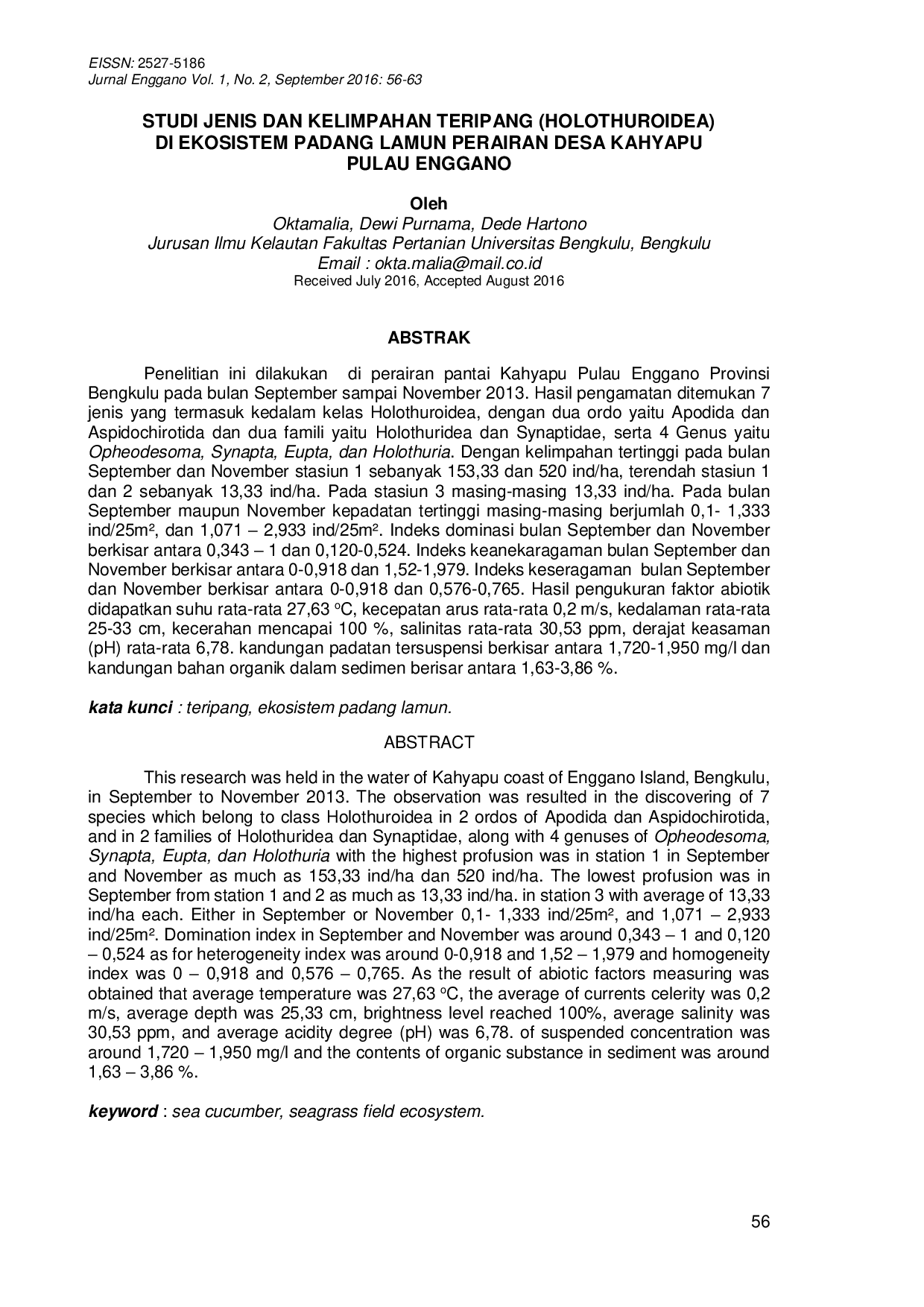 JURIS Studi Jenis dan Kelimpahan Teripang Holothuroidea di Ekosistem Padang Lamun Perairan Desa Kahyapu Pulau Enggano