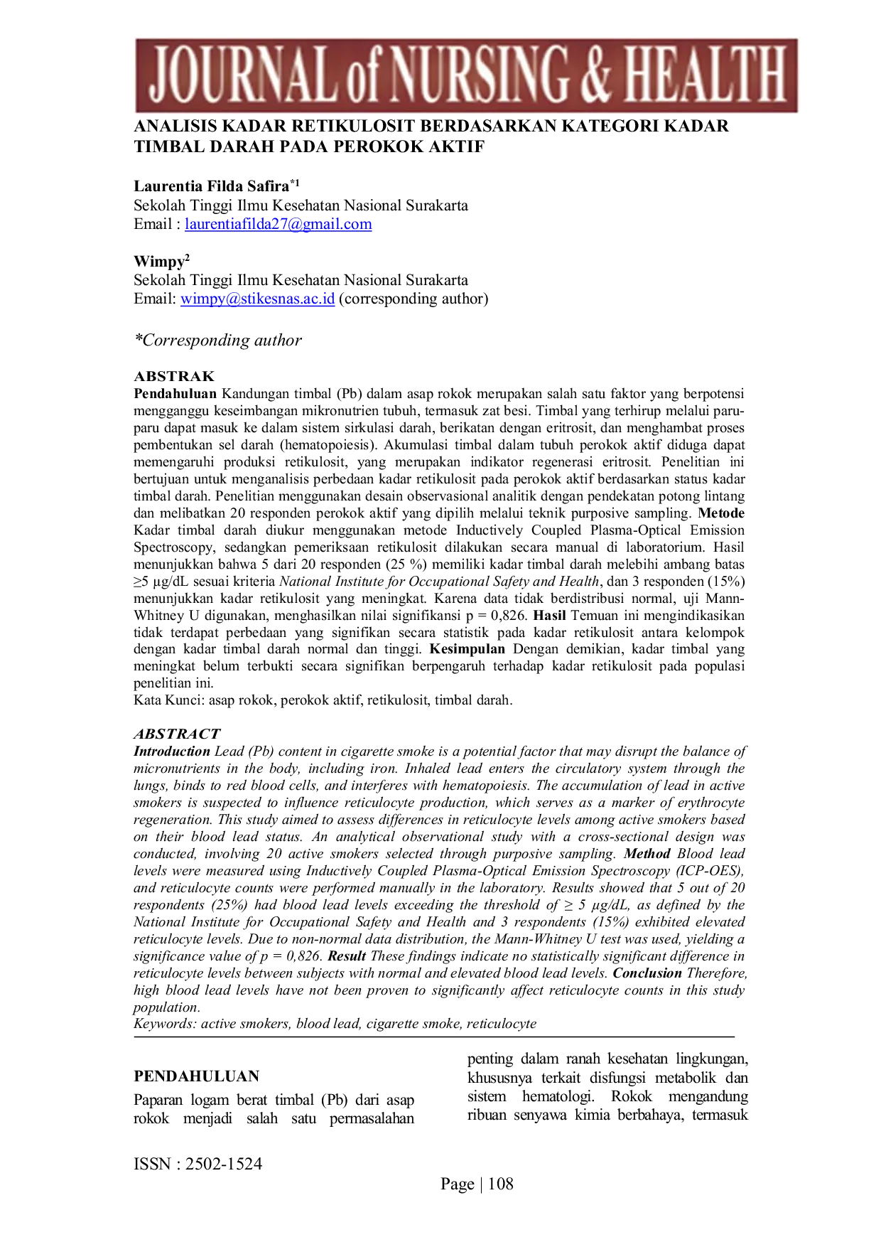 JURIS Analisis Kadar Reticulosit Berdasarkan Kategori Kadar Timbal Darah pada Perokok Aktif