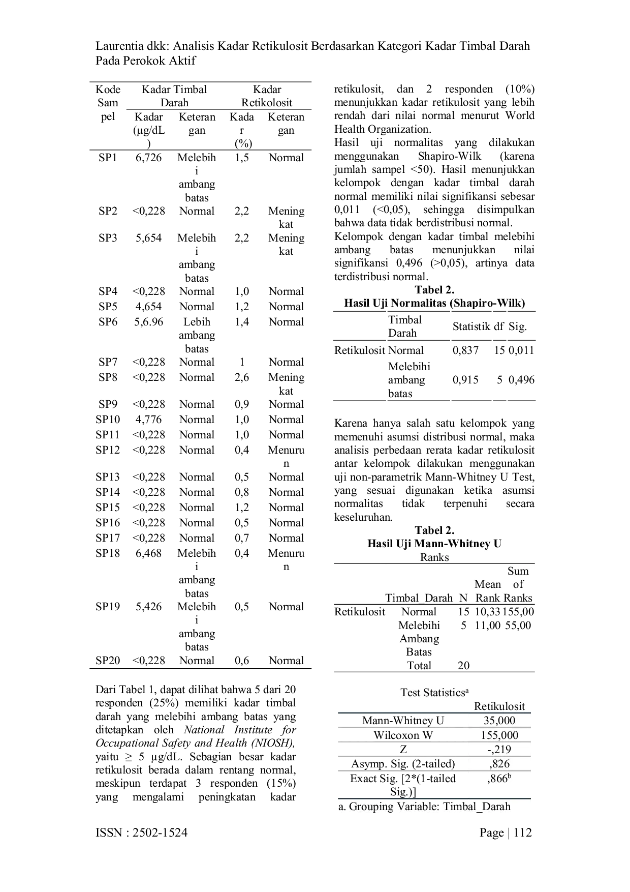 JURIS Analisis Kadar Reticulosit Berdasarkan Kategori Kadar Timbal Darah pada Perokok Aktif
