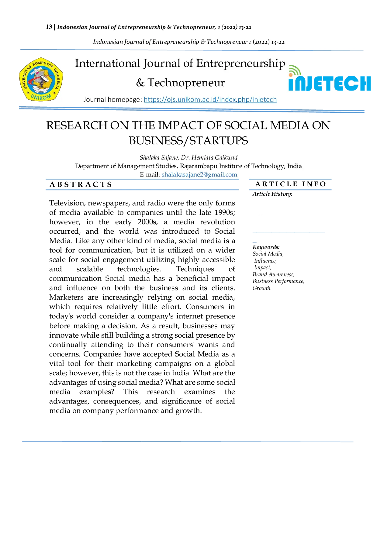 JURIS Research On The Impact Of Social Media On Business Startups