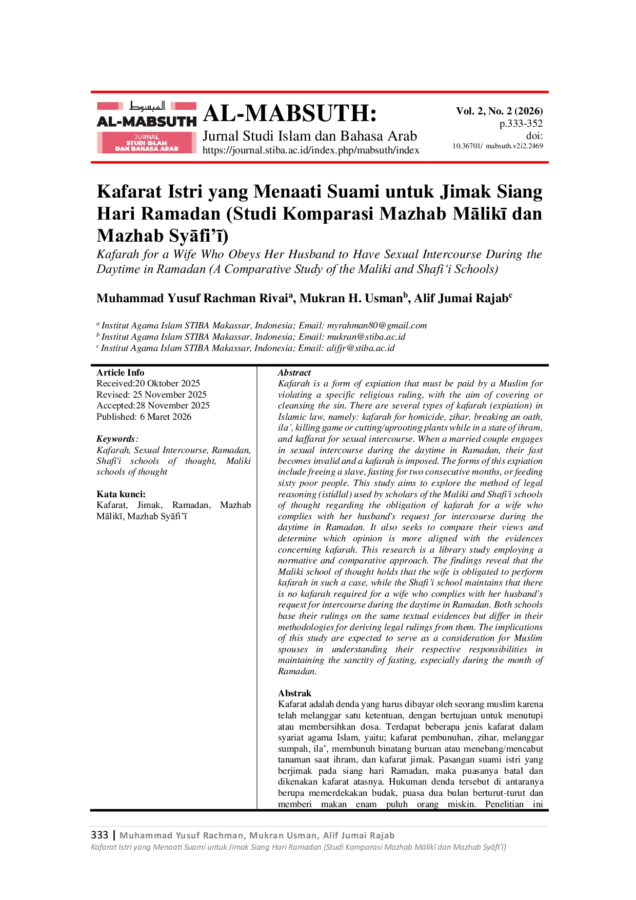 JURIS Kafarat Istri Yang Menaati Suami Untuk Jimak Siang Hari Ramadan Studi Komparasi Mazhab MAlik Dan Mazhab SyAfi