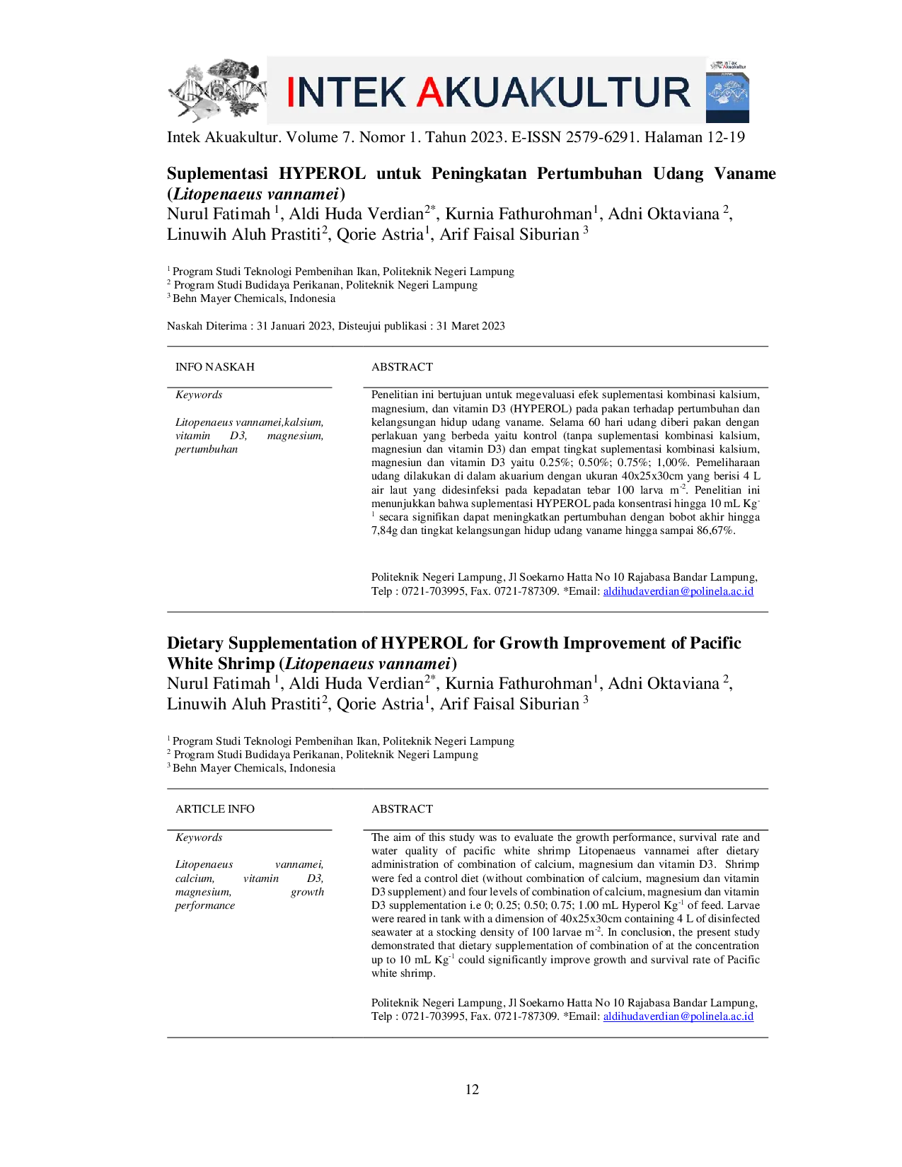 JURIS Suplementasi HYPEROL untuk Peningkatan Pertumbuhan Udang Vaname Litopenaeus vannamei