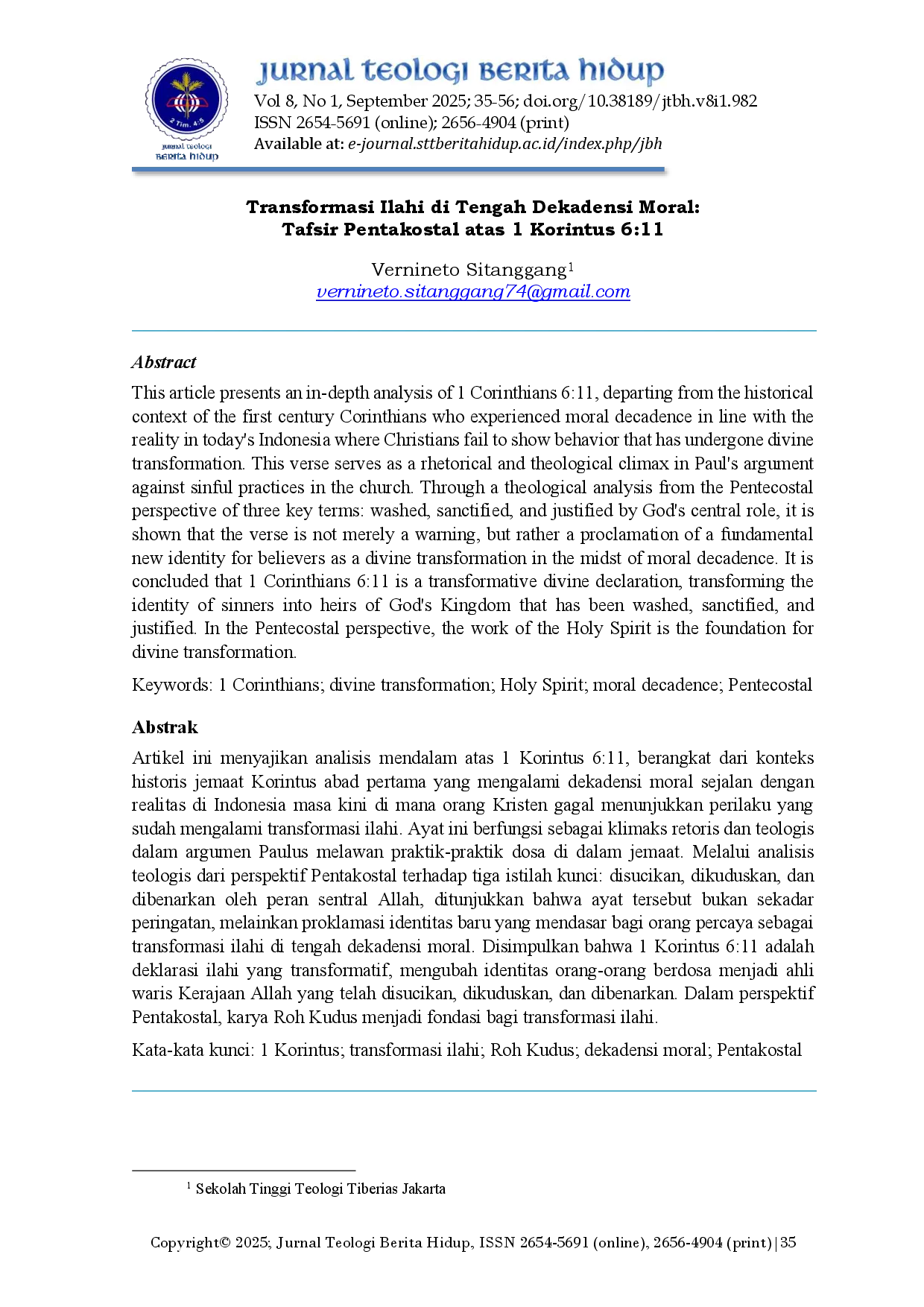 JURIS Transformasi Ilahi Di Tengah Dekadensi Moral Tafsir Pentakostal Atas 1 Korintus 6 11