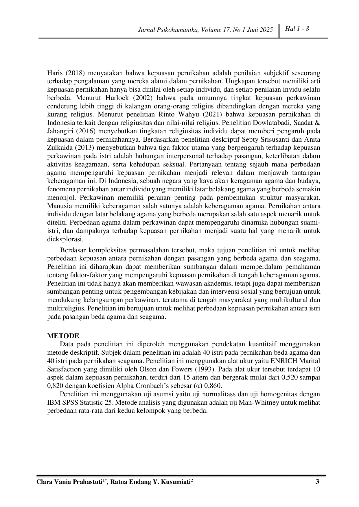 JURIS Perbedaan Kepuasan Pernikahan Pada Pasangan Beda Agama Dan Seagama