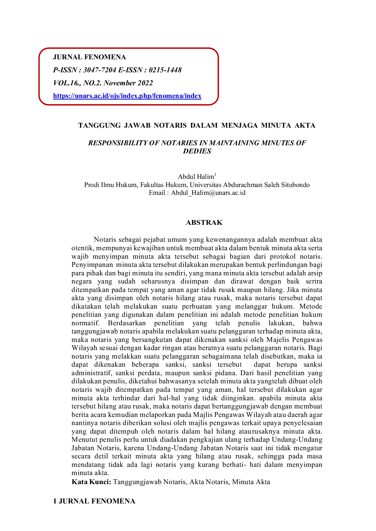 JURIS Tanggung Jawab Notaris Dalam Menjaga Minuta Akta