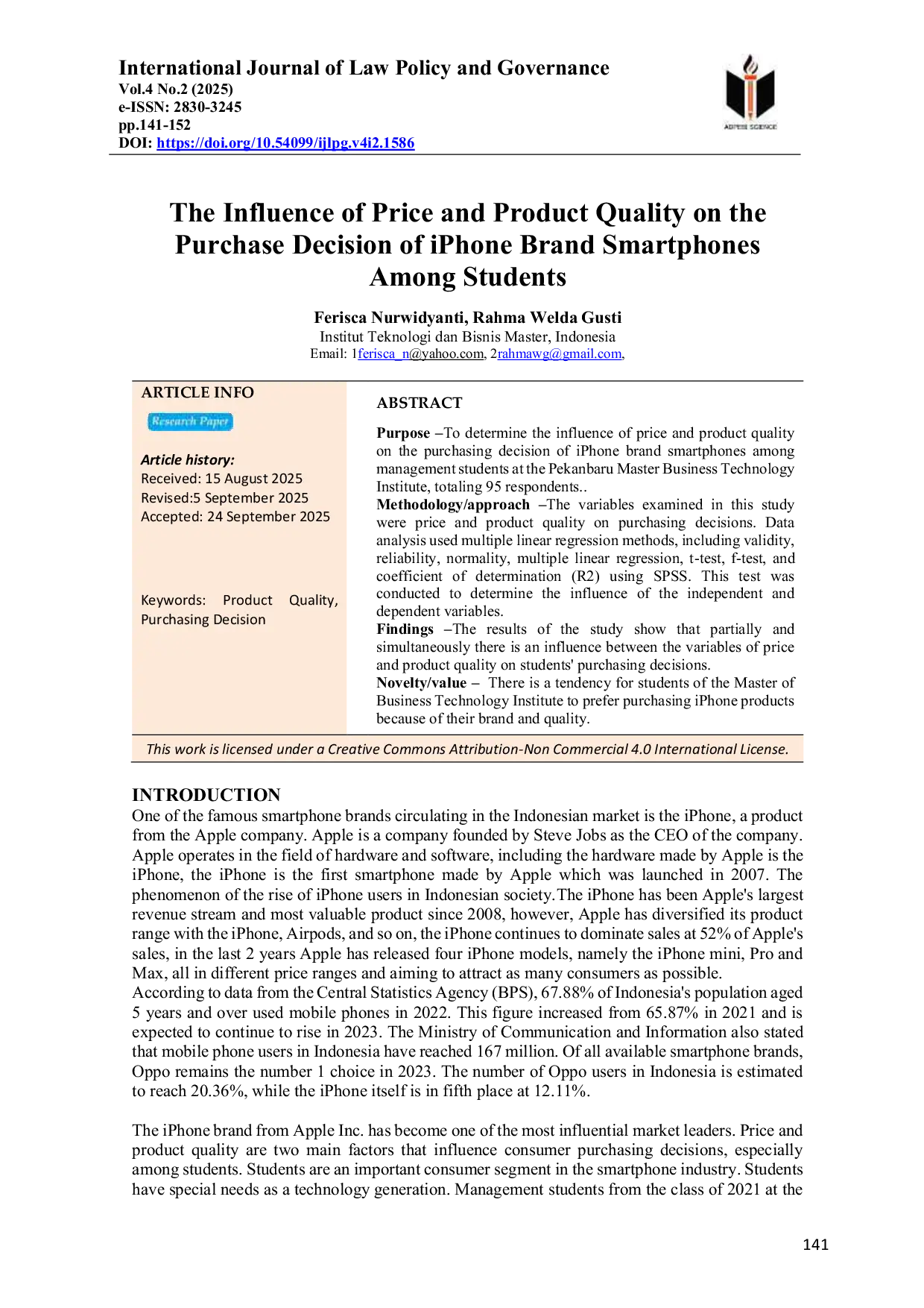 JURIS The Influence of Price and Product Quality on the Purchase Decision of iPhone Brand Smartphones Among Students