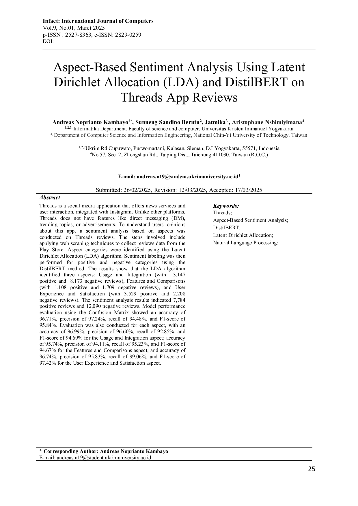 JURIS Aspect Based Sentiment Analysis Using Latent Dirichlet Allocation LDA and DistilBERT on Threads App Reviews