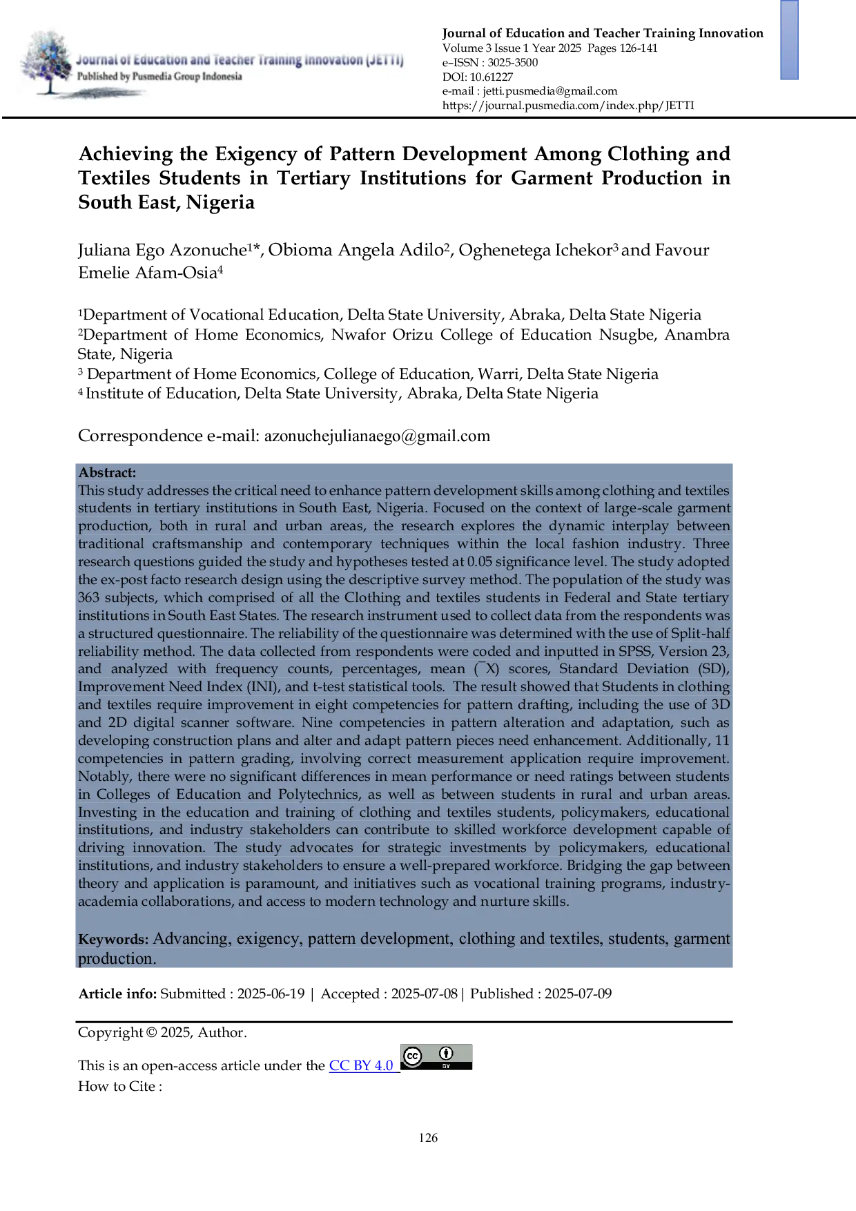 JURIS Achieving the Exigency of Pattern Development Among Clothing and Textiles Students in Tertiary Institutions for Garment Production in South East Nigeria