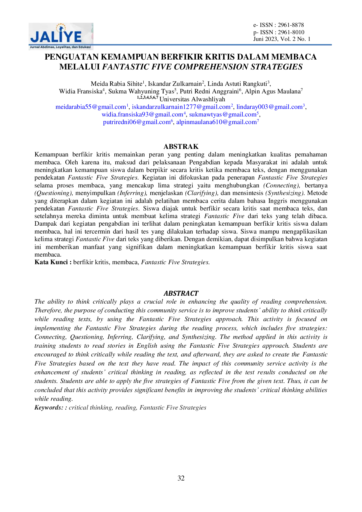 JURIS Penguatan Kemampuan Berfikir Kritis Dalam Membaca Melalui Fantastic Five Comprehension Strategies