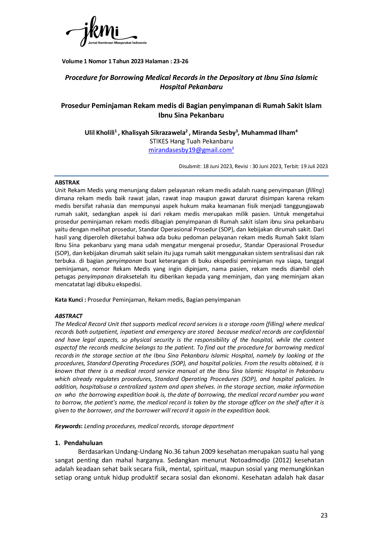 JURIS Prosedur Peminjaman Rekam medis di Bagian penyimpanan di Rumah Sakit Islam Ibnu Sina Pekanbaru