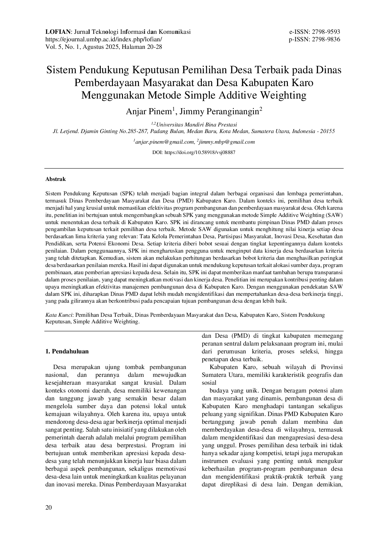 JURIS Sistem Pendukung Keputusan Pemilihan Desa Terbaik pada Dinas Pemberdayaan Masyarakat dan Desa Kabupaten Karo Menggunakan Metode Simple Additive Weighting