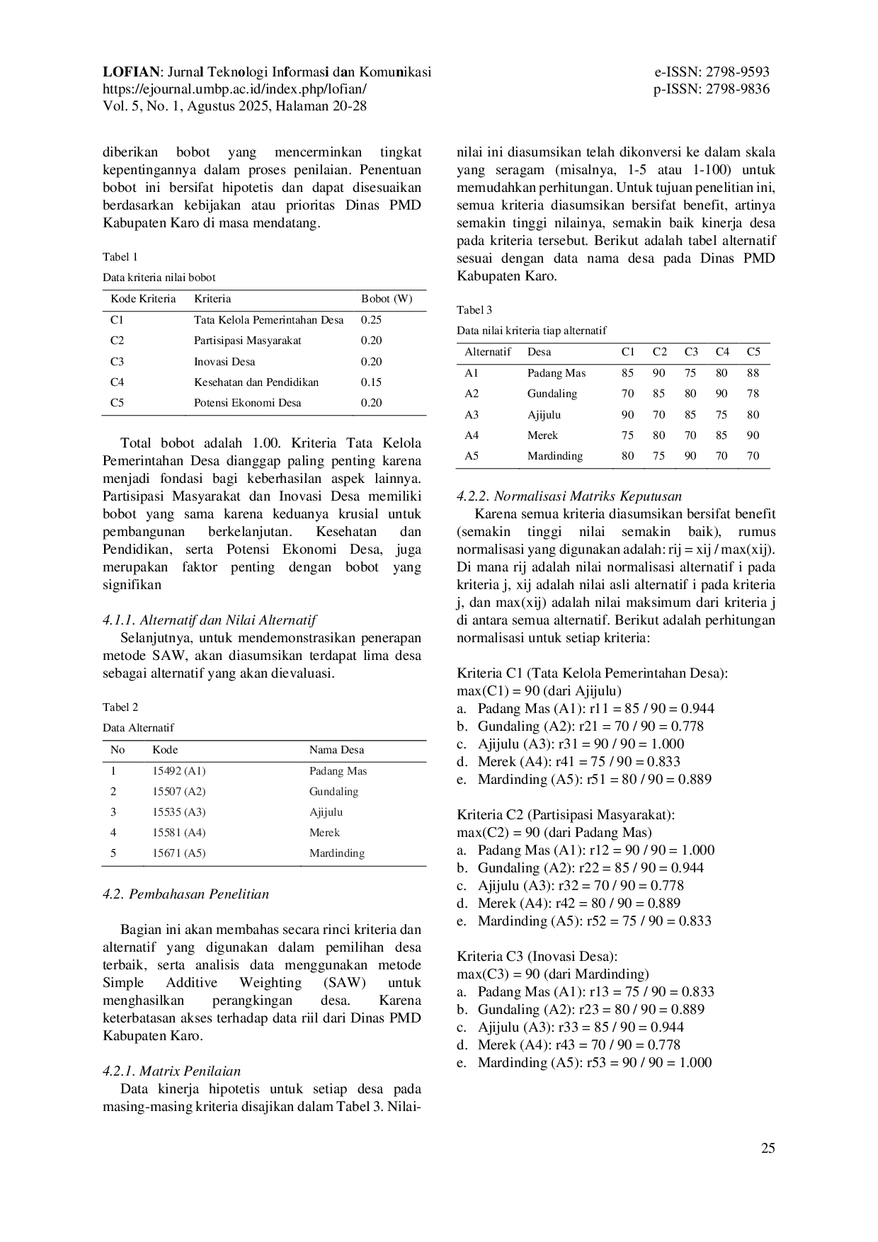 JURIS Sistem Pendukung Keputusan Pemilihan Desa Terbaik pada Dinas Pemberdayaan Masyarakat dan Desa Kabupaten Karo Menggunakan Metode Simple Additive Weighting