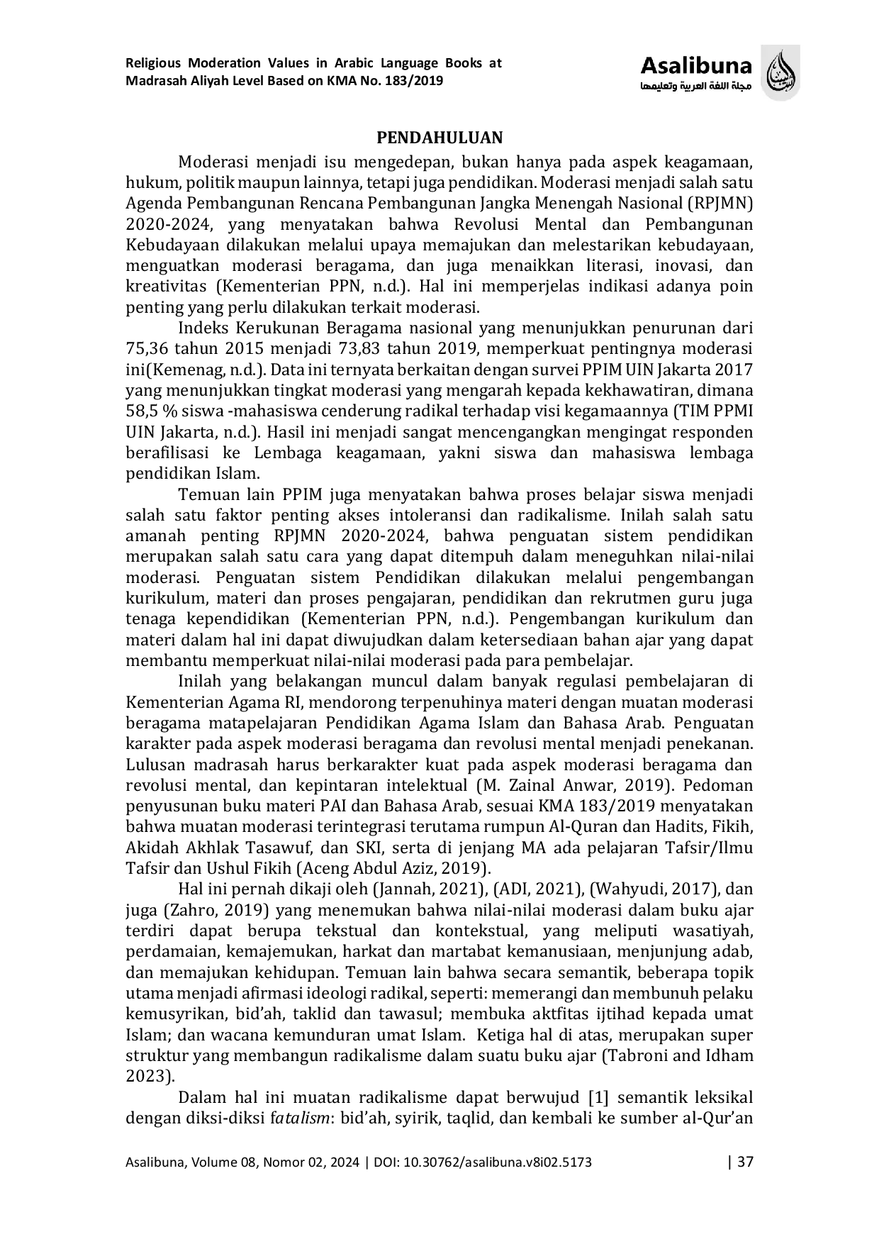 JURIS Religious Moderation Values in Arabic Language Books at Madrasah Aliyah Level Based on KMA No 183 2019