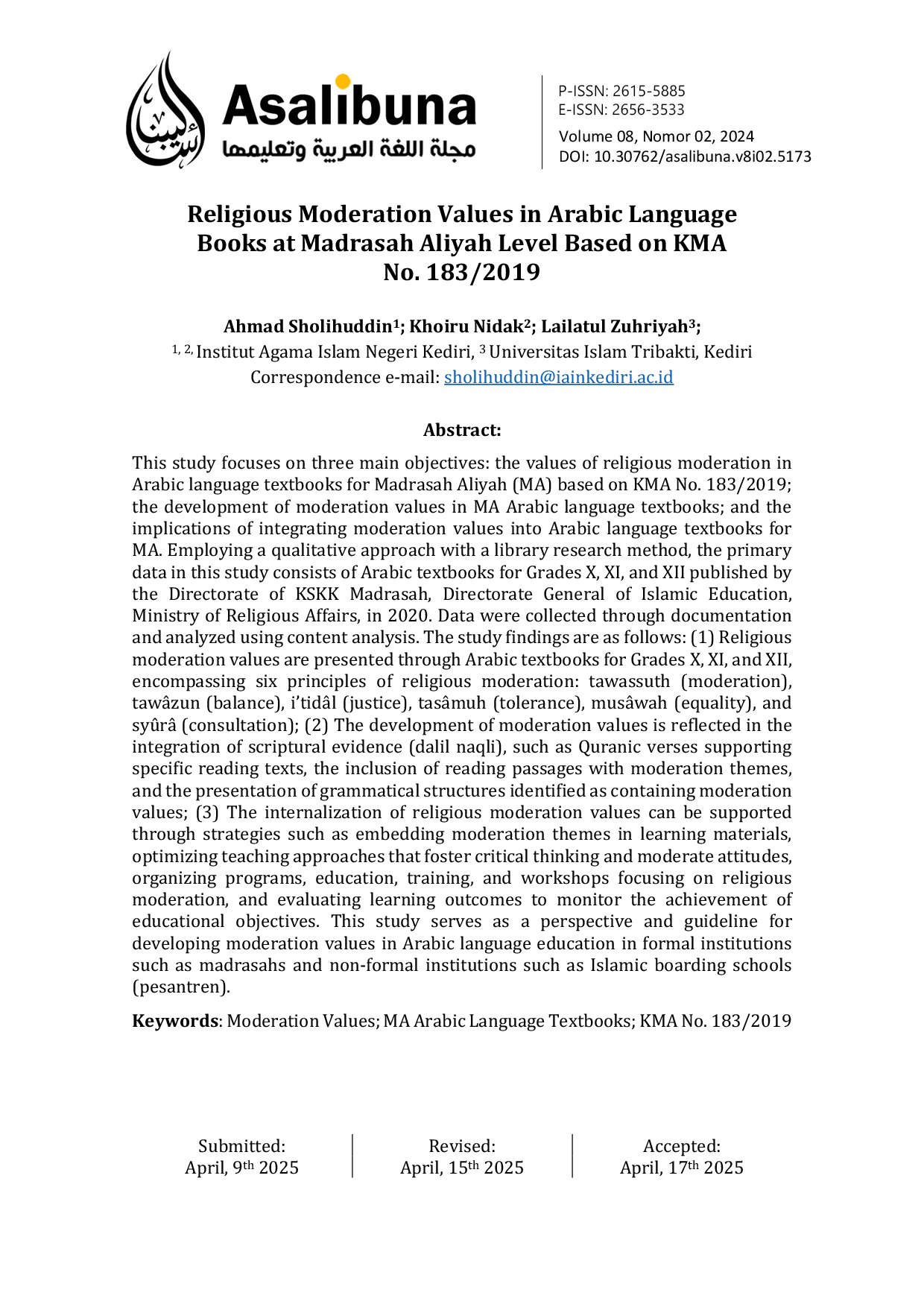 JURIS Religious Moderation Values in Arabic Language Books at Madrasah Aliyah Level Based on KMA No 183 2019
