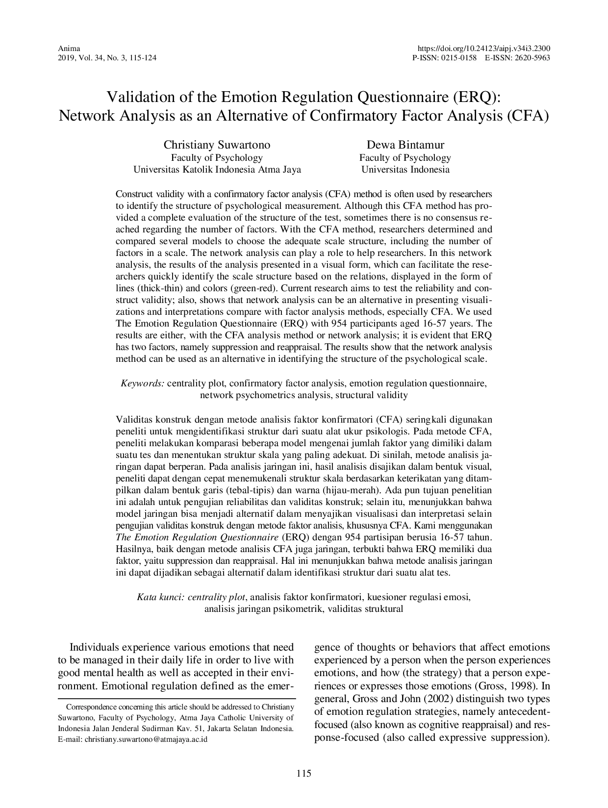JURIS Validation of the Emotion Regulation Questionnaire ERQ Network Analysis as an Alternative of Confirmatory Factor Analysis CFA