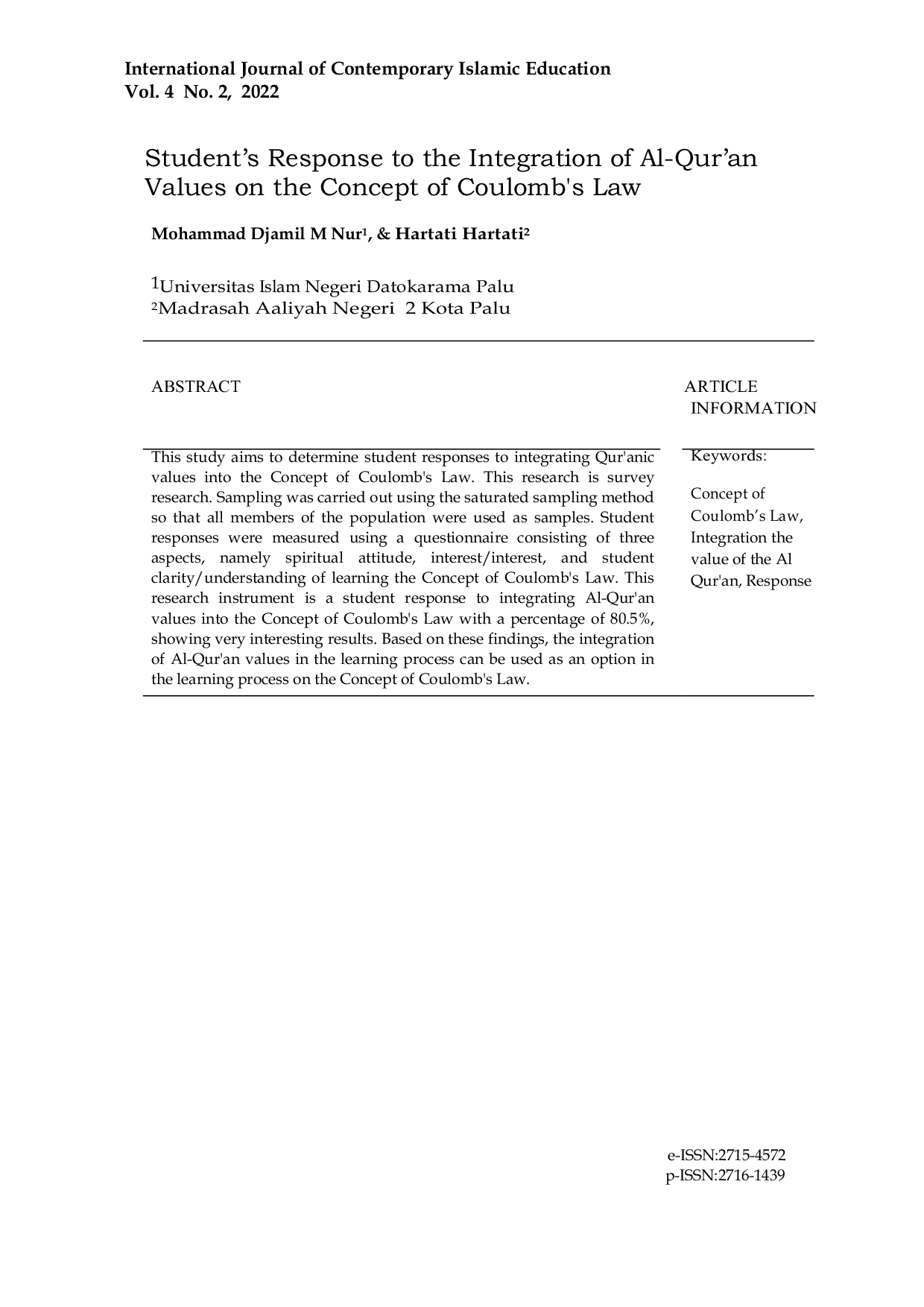 JURIS Student s Response to the Integration of AlAcQur deren Values on the Concept of Coulomb s Law