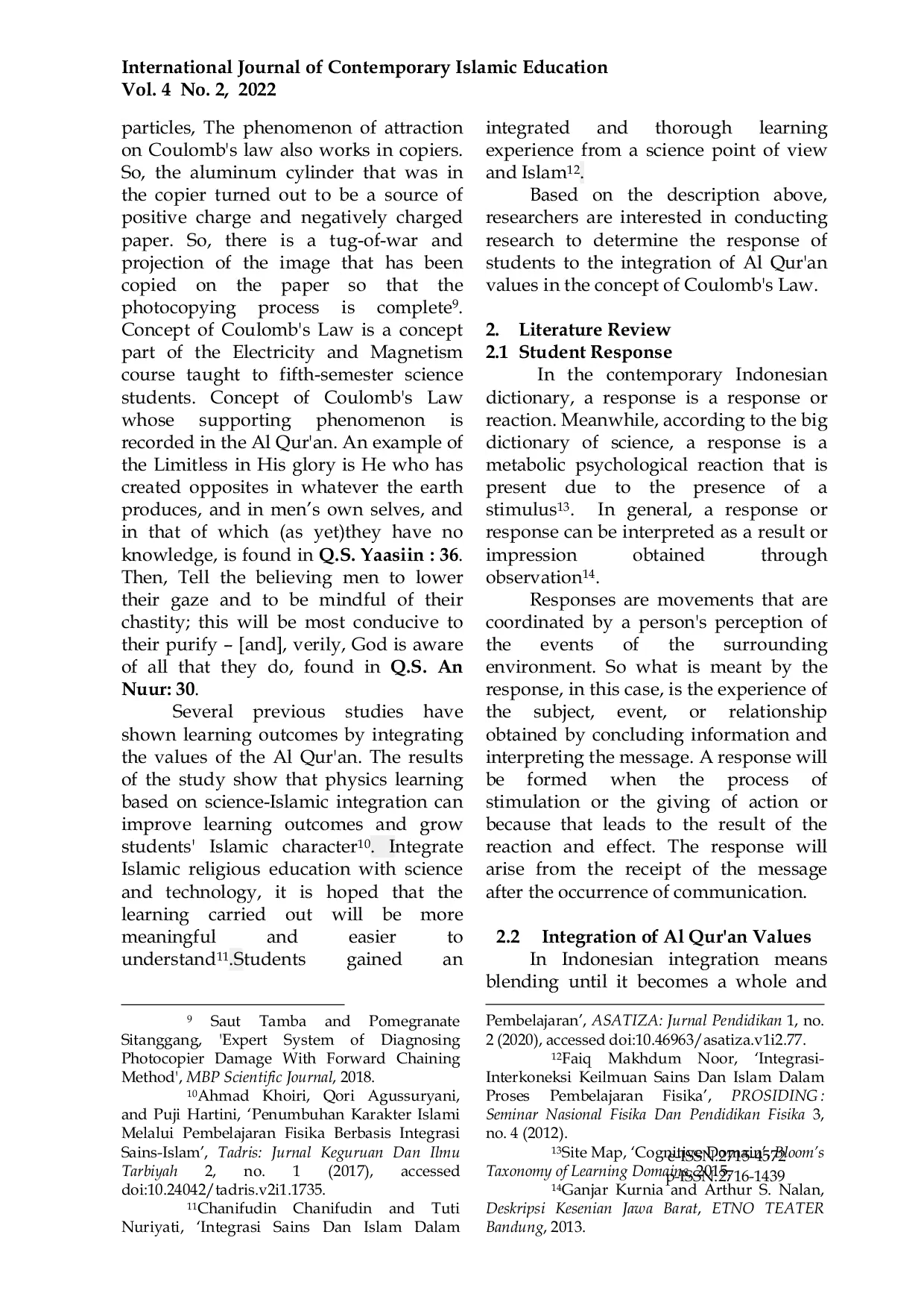 JURIS Student s Response to the Integration of AlAcQur deren Values on the Concept of Coulomb s Law