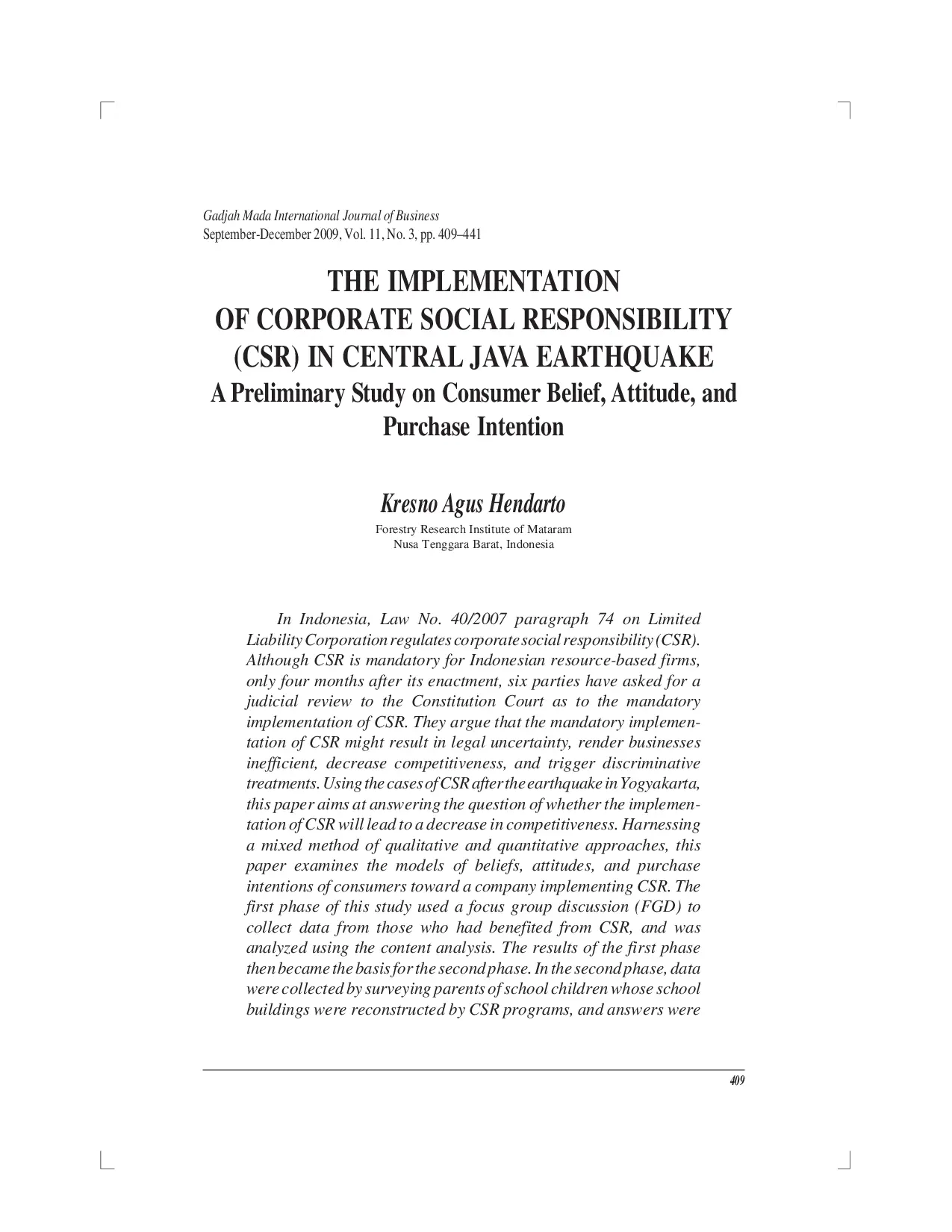 juris The Implementation of Corporate Social Responsibility CSR in Central Java Earthquake A Preliminary Study on Consumer Belief Attitude and Purchase Intention