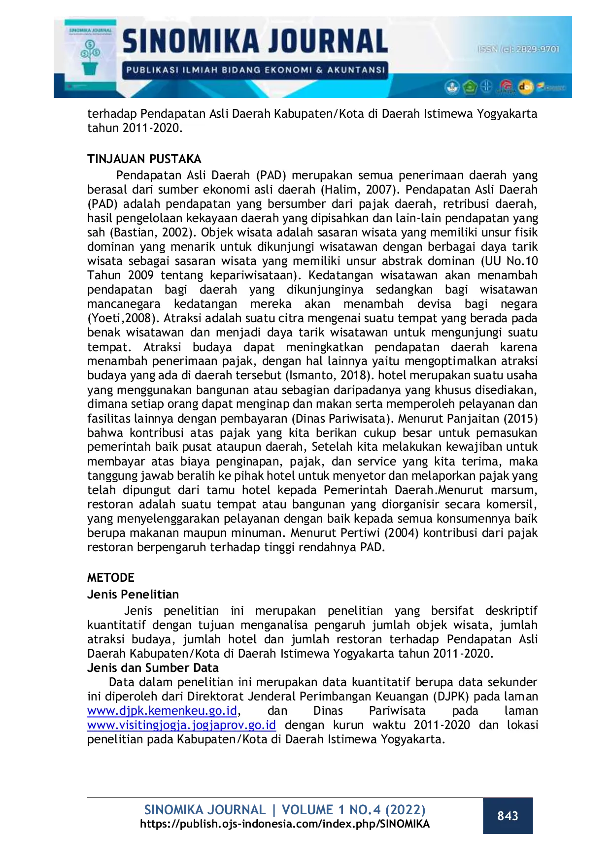 JURIS Pengaruh Sektor Pariwisata Terhadap Pendapatan Asli Daerah Kabupaten Kota Di Daerah Istimewa Yogyakarta Tahun 2011 2020