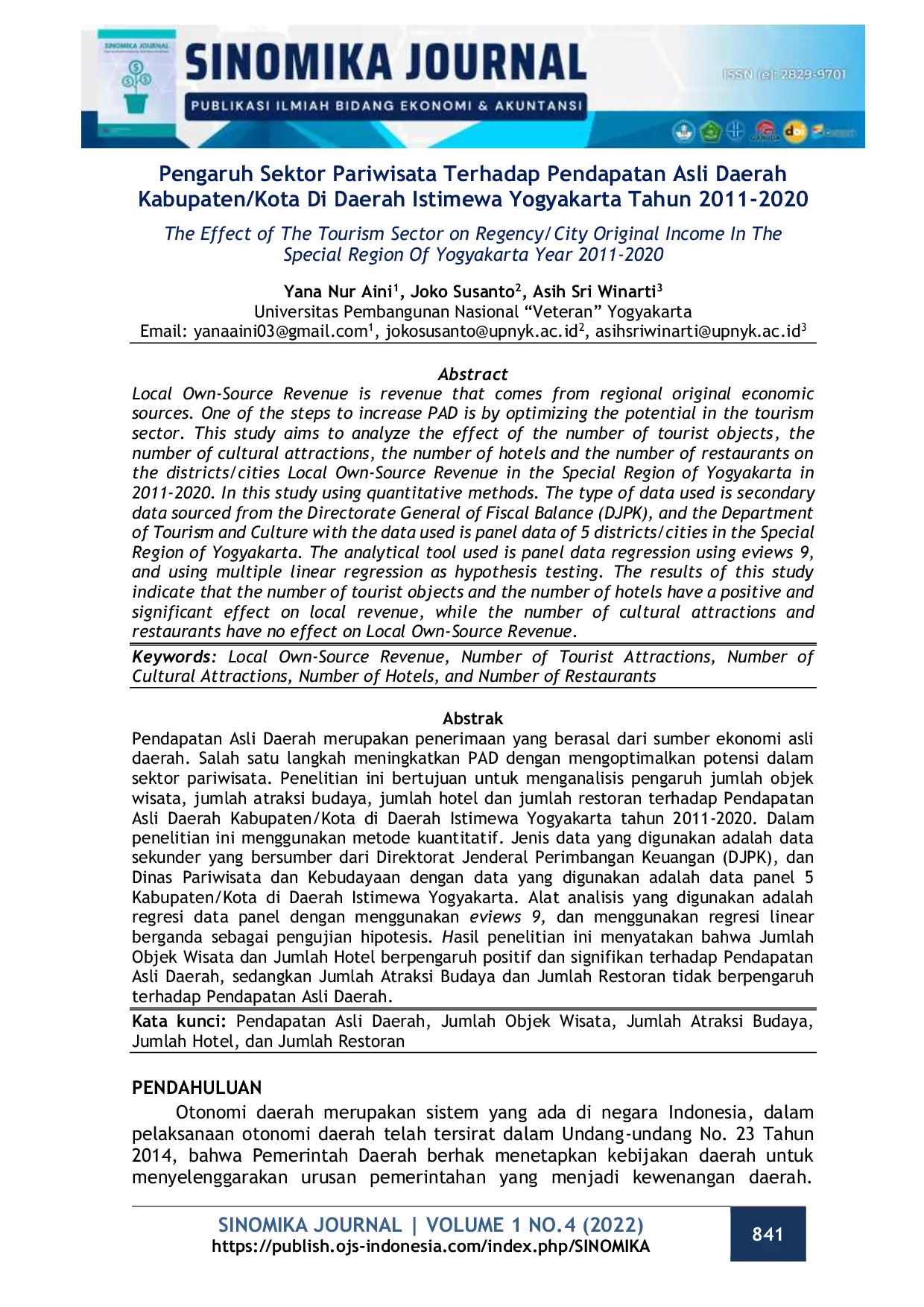 JURIS Pengaruh Sektor Pariwisata Terhadap Pendapatan Asli Daerah Kabupaten Kota Di Daerah Istimewa Yogyakarta Tahun 2011 2020