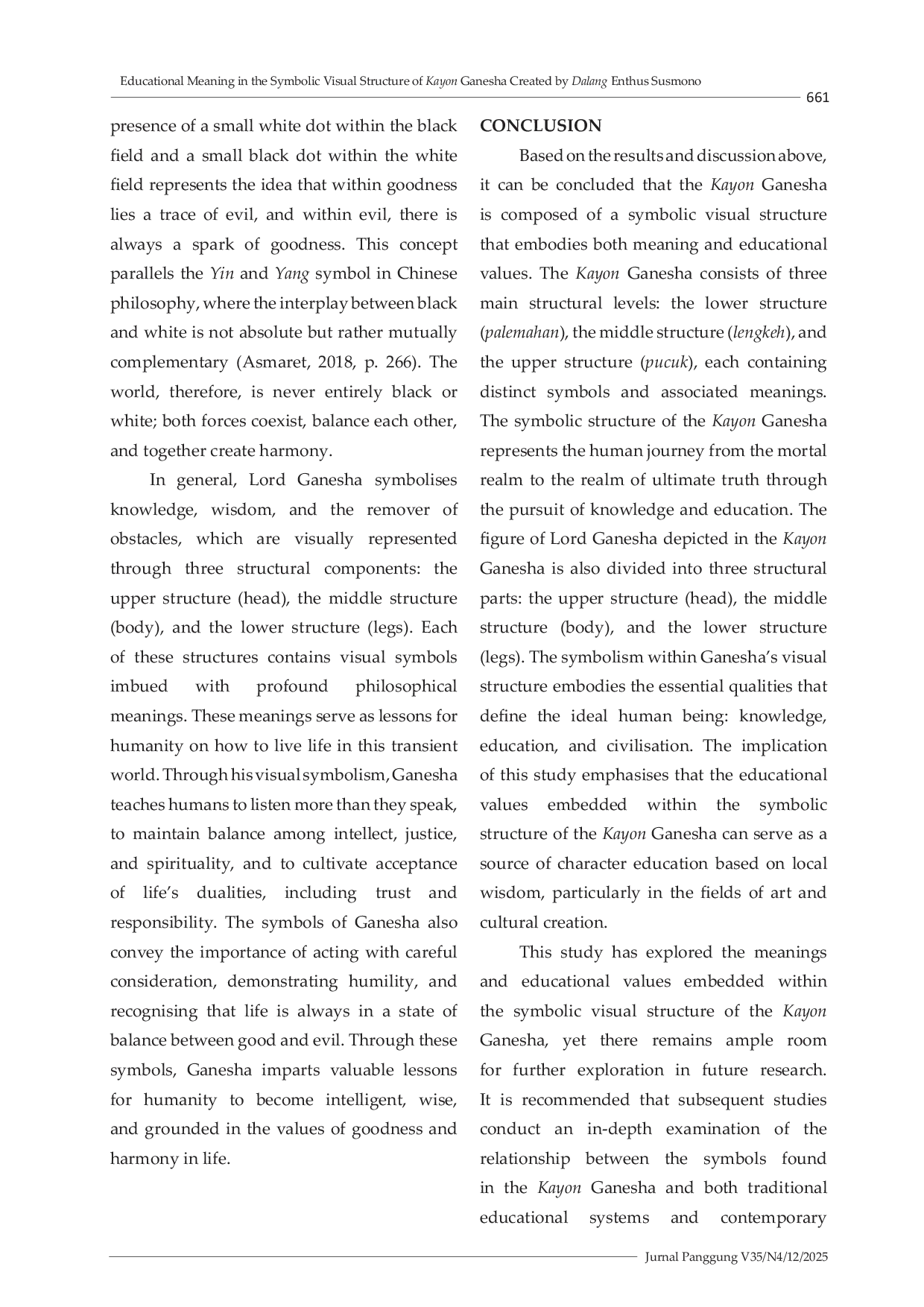 JURIS Educational Meaning in the Symbolic Visual Structure of Kayon Ganesha Created by Dalang Enthus Susmono