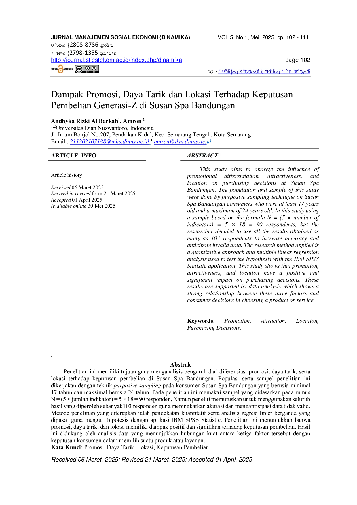 JURIS Dampak Promosi Daya Tarik dan Lokasi Terhadap Keputusan Pembelian Generasi Z di Susan Spa Bandungan