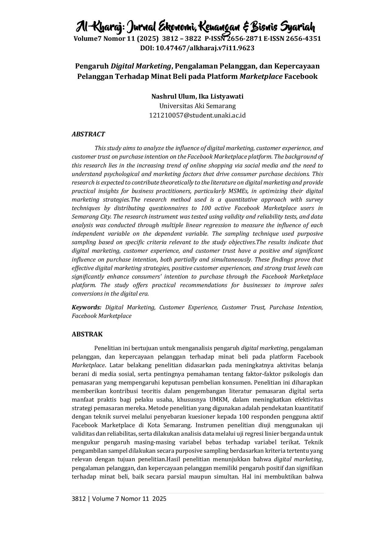 juris Pengaruh Digital Marketing Pengalaman Pelanggan Dan Kepercayaan Pelanggan Terhadap Minat Beli pada Platform Marketplace Facebook