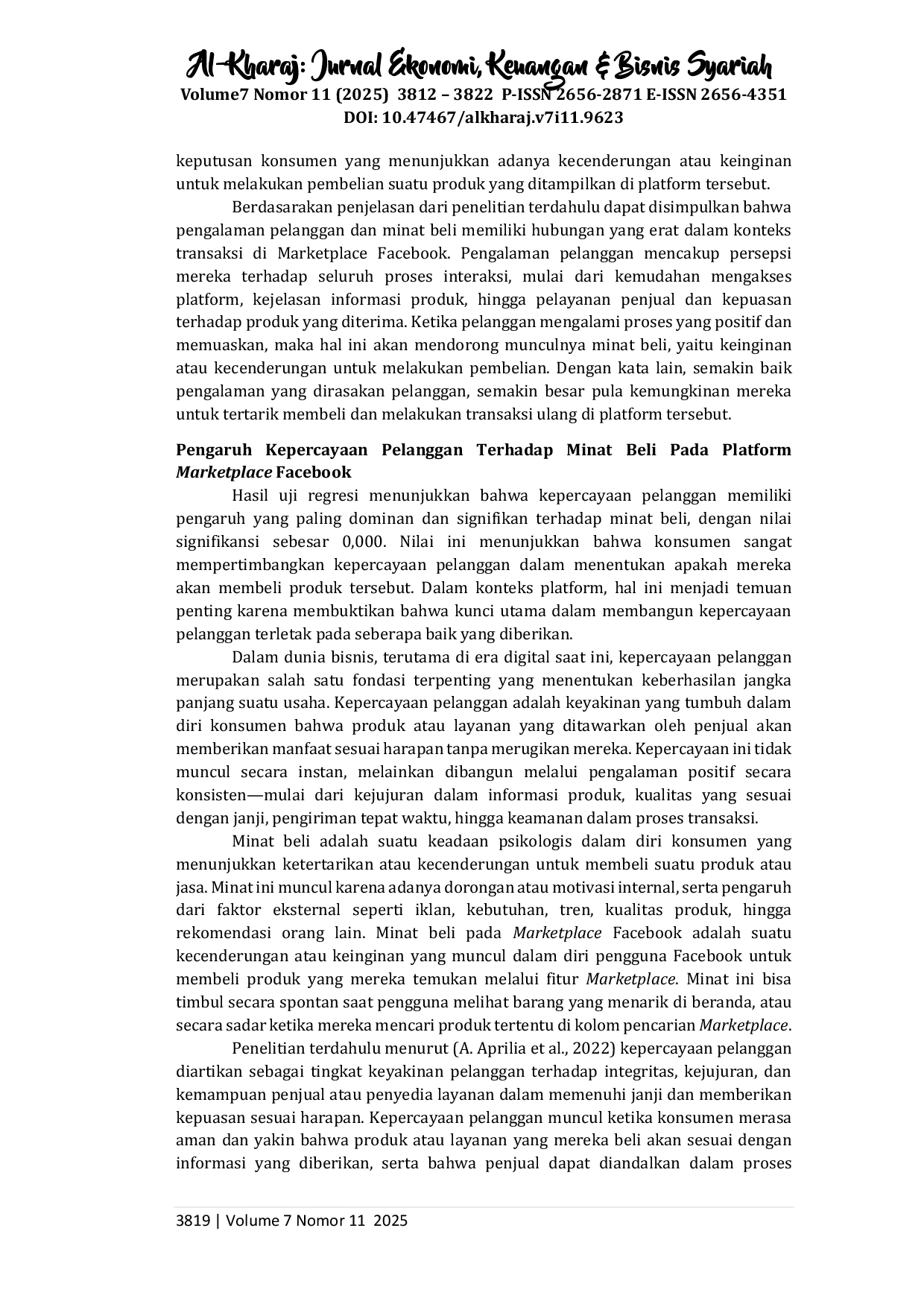 juris Pengaruh Digital Marketing Pengalaman Pelanggan Dan Kepercayaan Pelanggan Terhadap Minat Beli pada Platform Marketplace Facebook